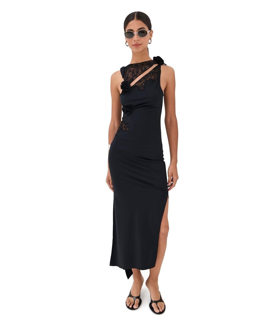 knee length dresses for ladies Coperni Blue Sheer Lace Crochet Sequin Cut Out Dress Gown – PauméLosAngeles main image 0
