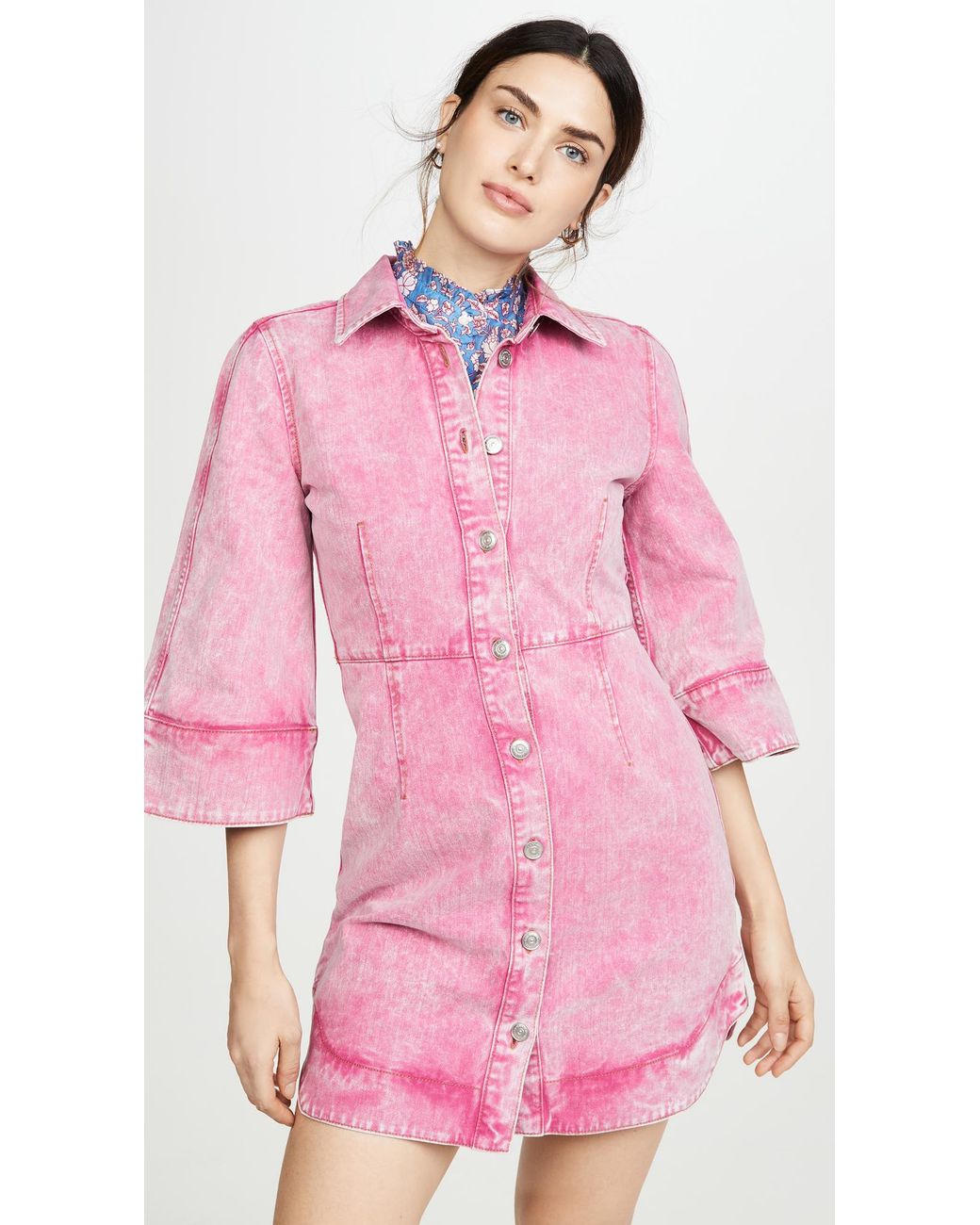 ★GANNI★PINK DENIM MINI DRESS★大人気★ Ganni Pleat-hem Denim Mini Dress In Pink | ModeSens