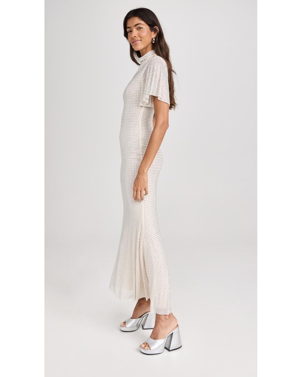 Self-Portrait Cream Rhinestone Mesh Maxi Dress in Natural | Lyst