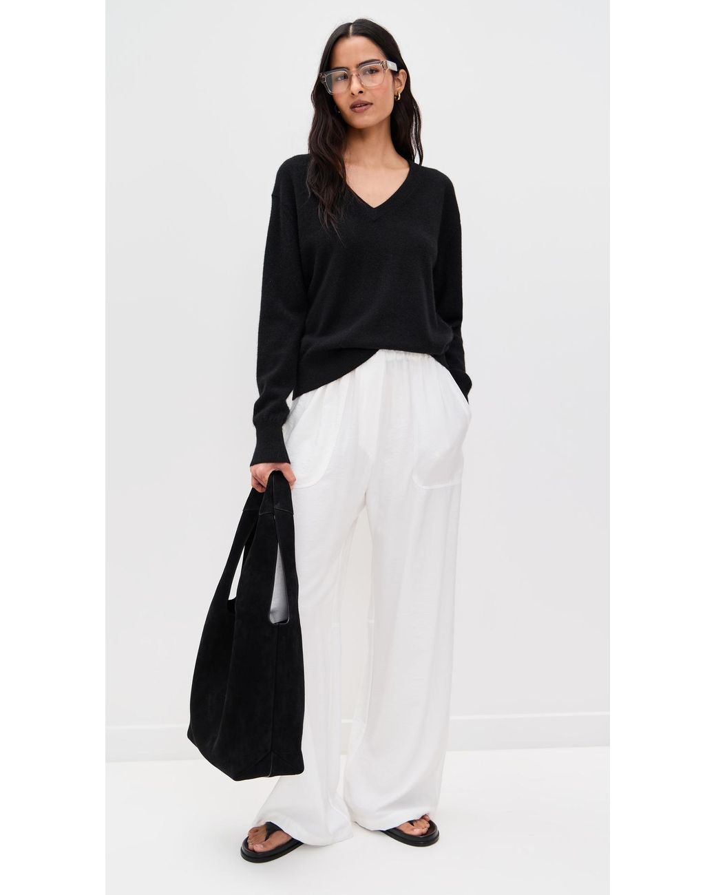 White + Warren Black Cashmere V Neck Pullover