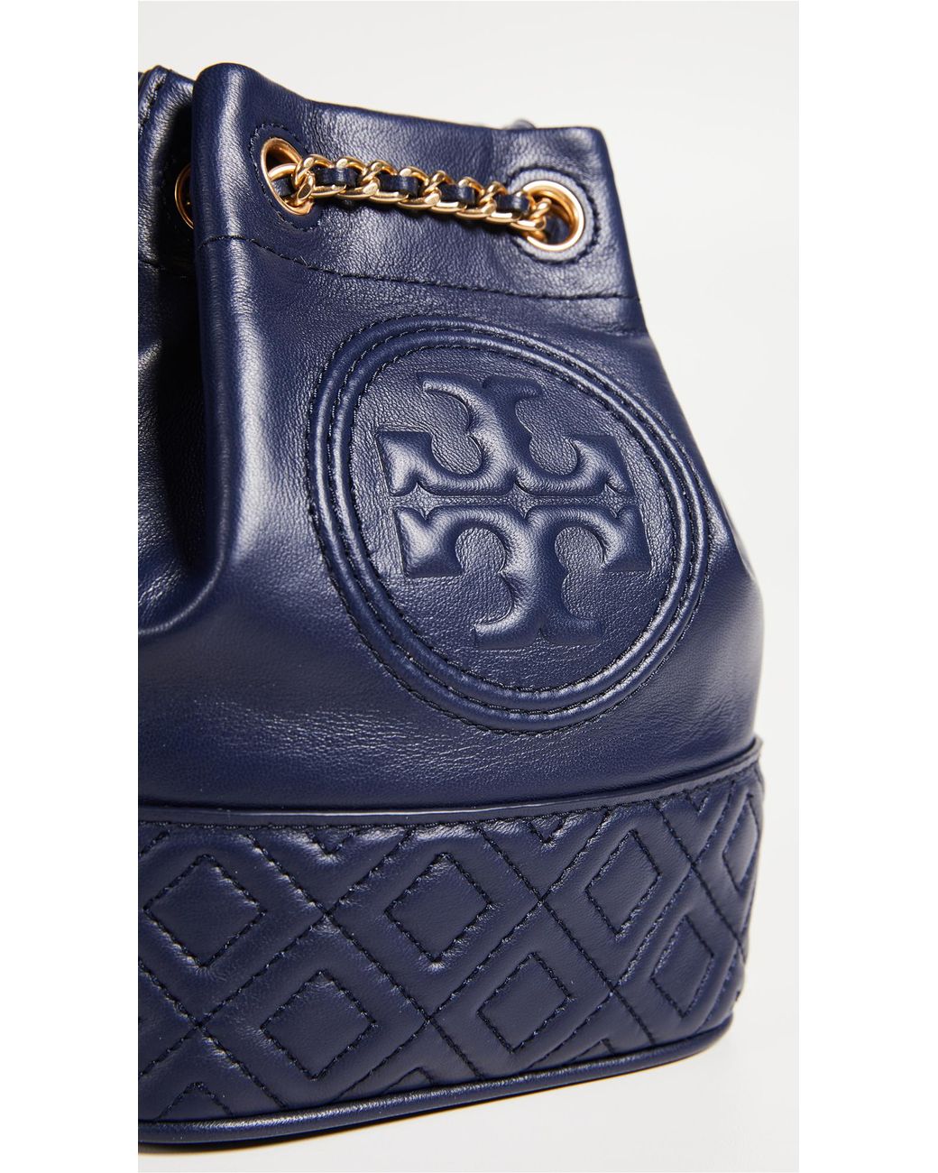 Tory Burch Fleming Mini Navy Leather Bucket Bag in Blue