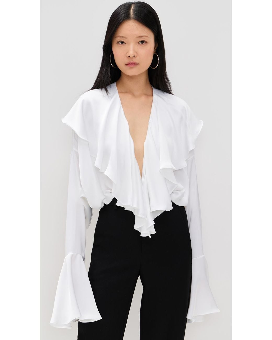 Ruffle Roulet Norma Kamali Long Sleeve Deep V Ruffle Bodysuit in Black | Lyst