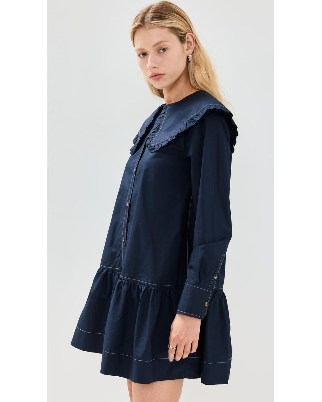 国内発送☆GANNI☆CottonPoplin BigCollar MiniShirt Dress/SKY Sky Captain Cotton Poplin Big Collar Mini Shirt Dress | GANNI