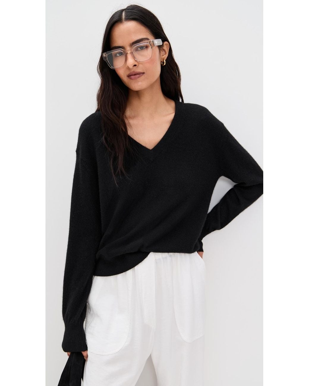 White + Warren Black Cashmere V Neck Pullover