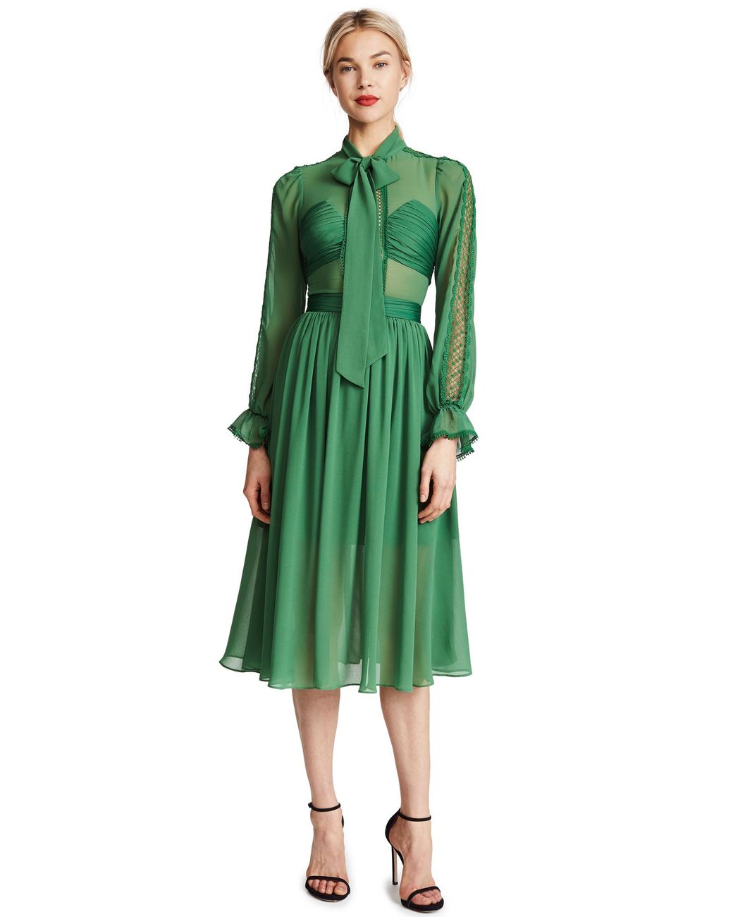 Self-Portrait Chiffon Pussy Bow Dress in Green | Lyst Canada