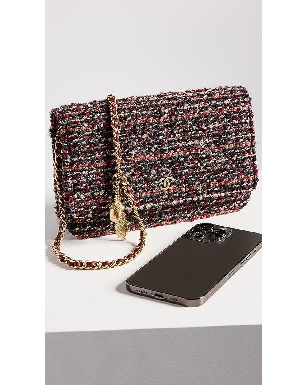 What Goes Around Comes Around Chanel Burgundy Tweed Wallet On Chain in Red