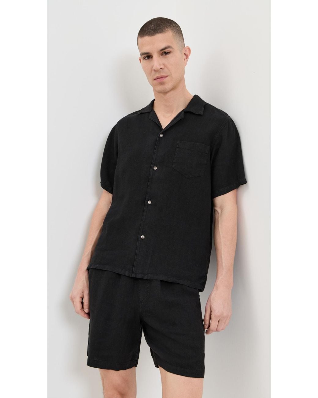 Bather Black Short Sleeve Linen Camp Shirt for men