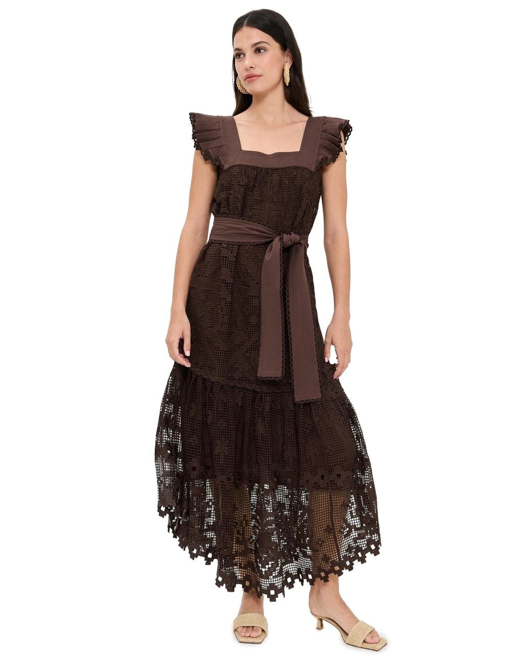 knee length dresses for ladies Burgundy Guipure Lace Midi Dress – self-portrait-US main image 1