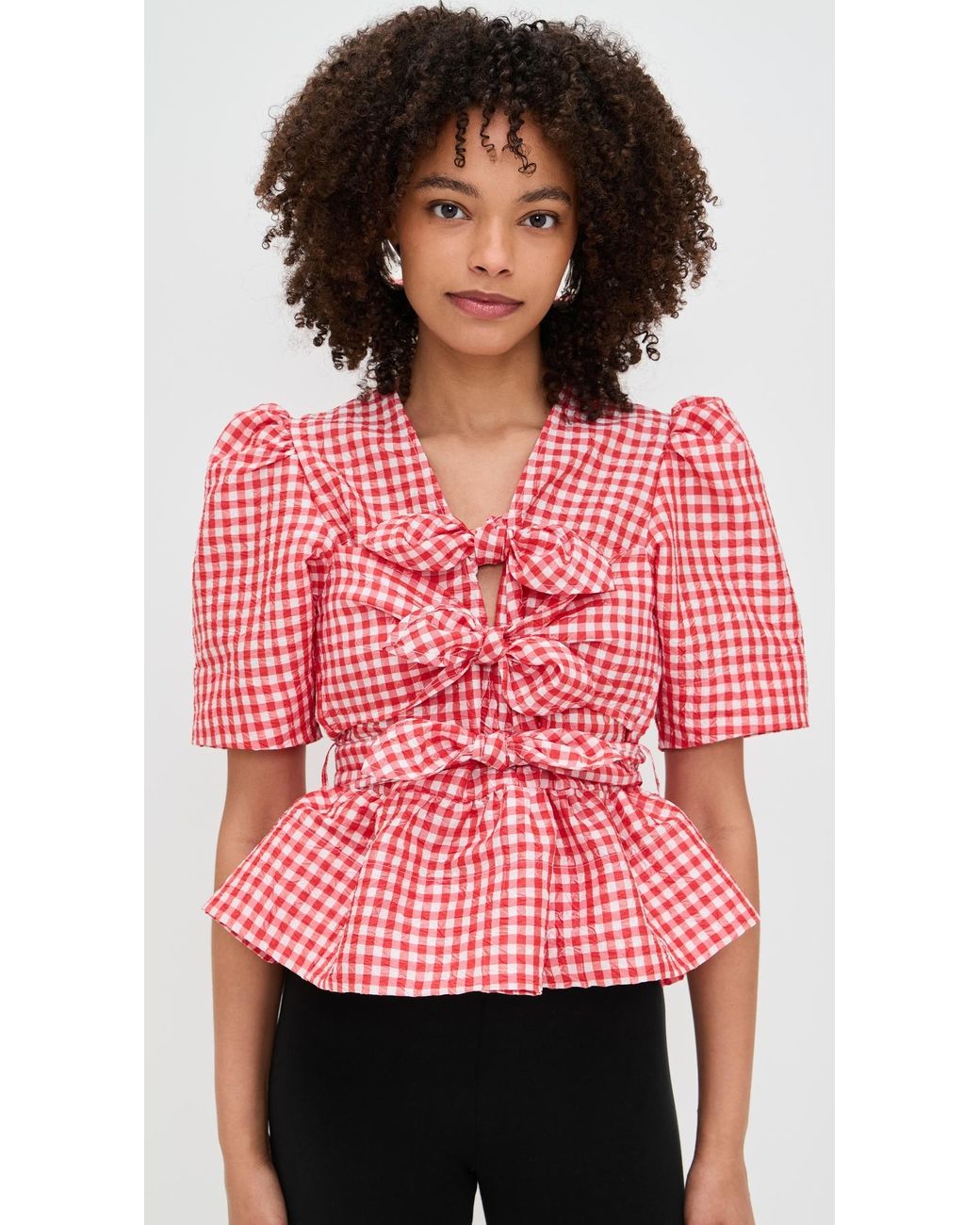 Ganni Crinkled Taffeta Check Tie Strap Blouse in Pink | Lyst
