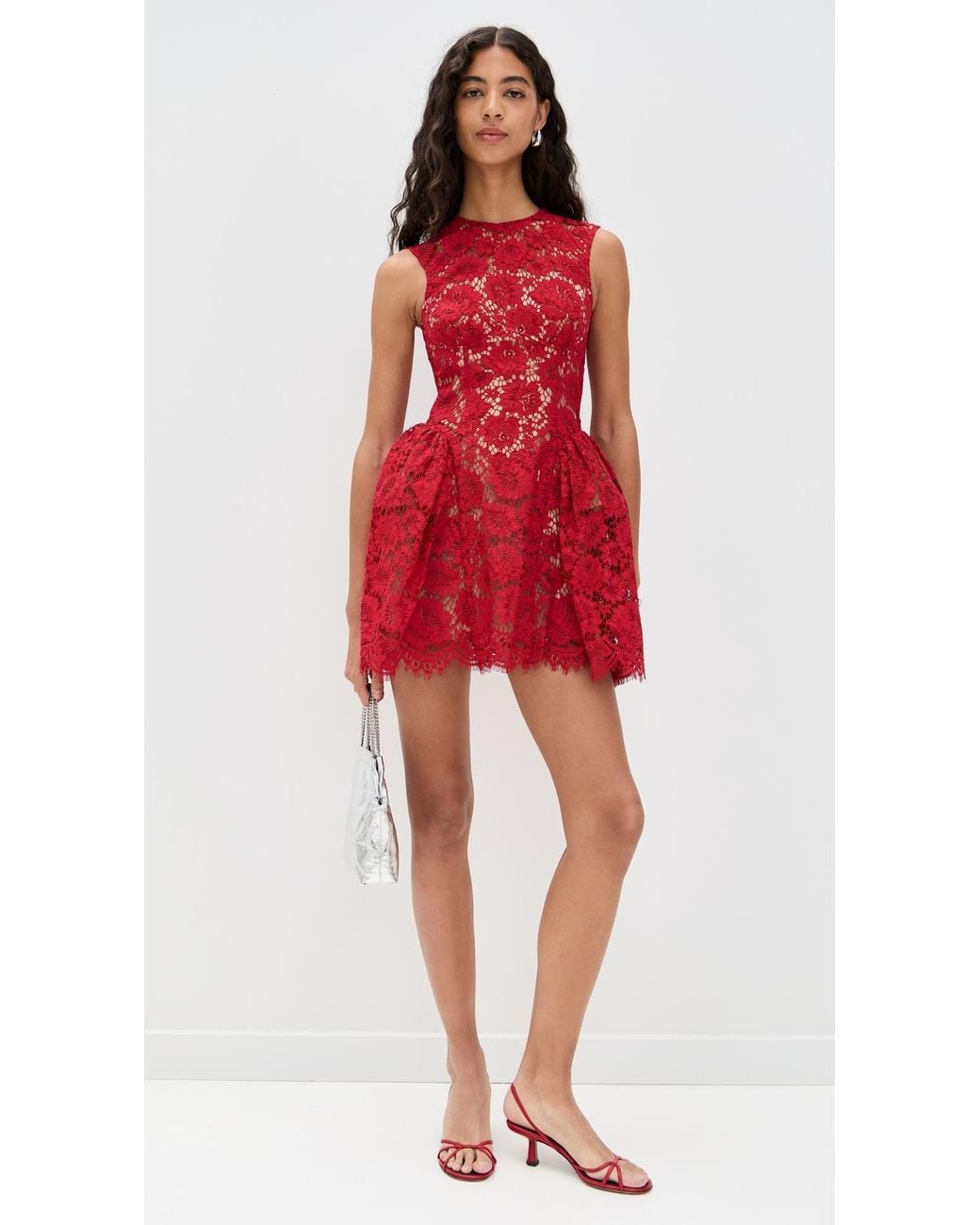Self-Portrait Fine Lace Pearl Mini Dress in Red | Lyst