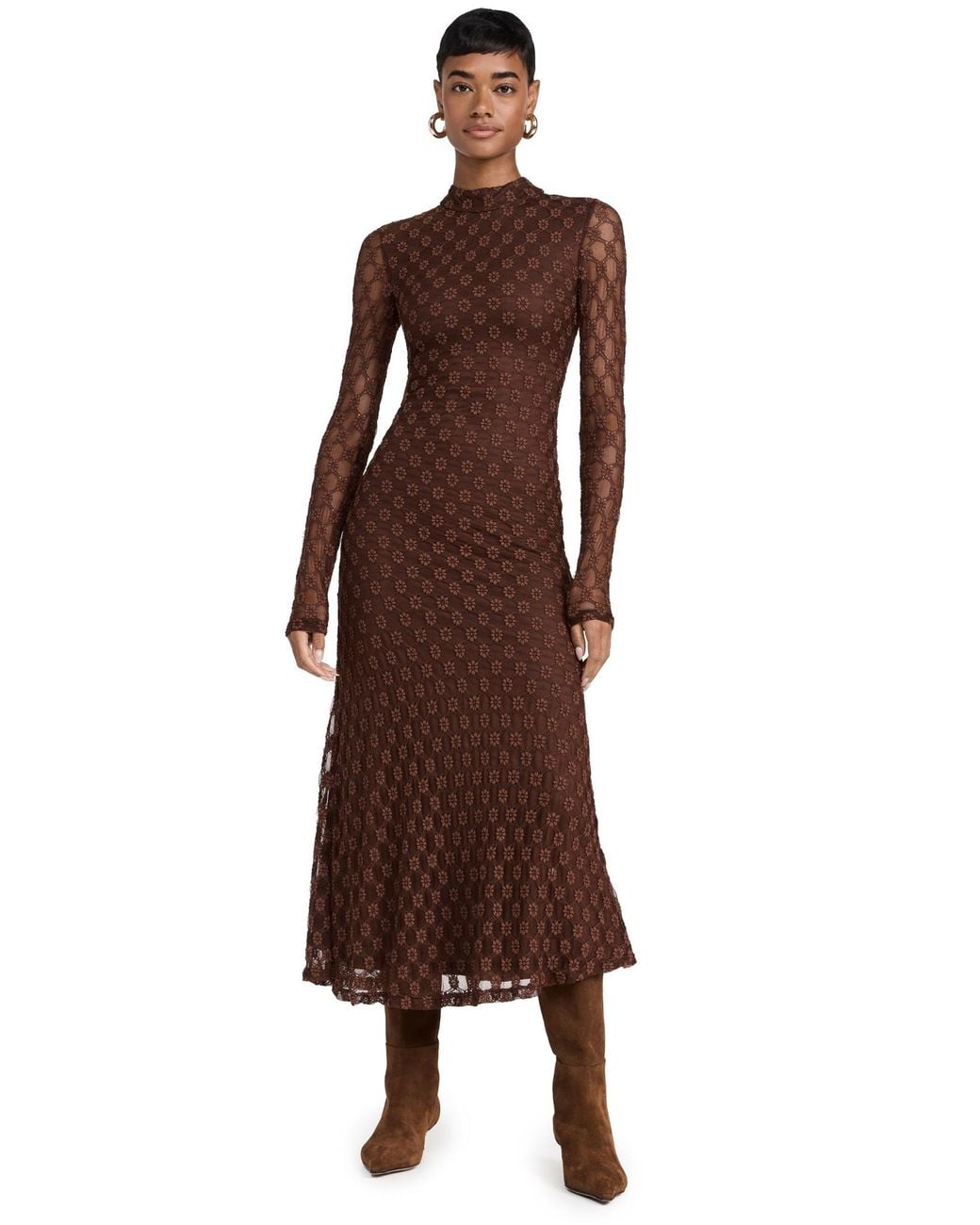 Bardot Ola Long Sleeve Midi Dress in Brown | Lyst