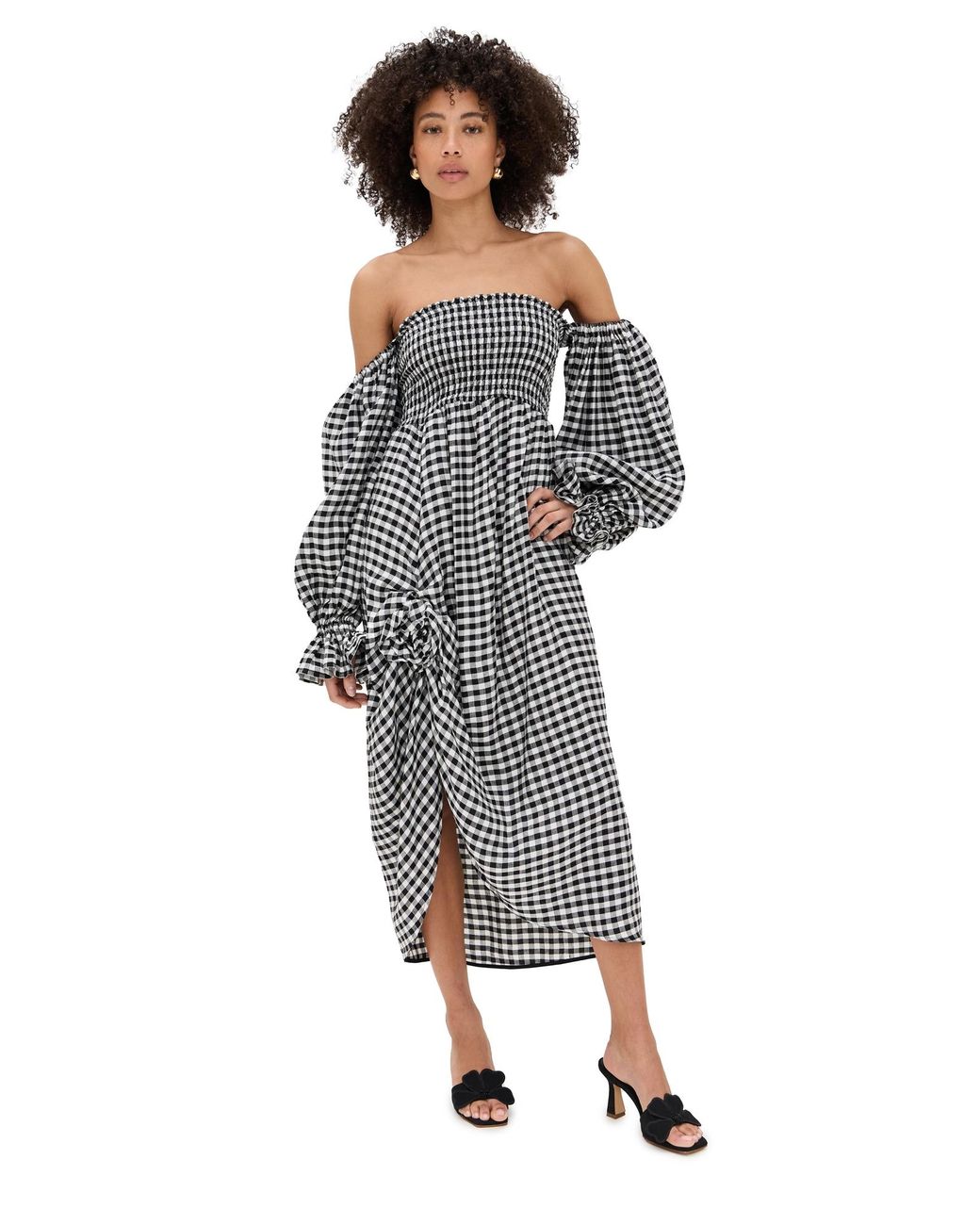 knee length dresses for ladies Sleeper Atlanta Off the Shoulder Smocked Linen Midi Dress Black Size L –  Celebrity Owned