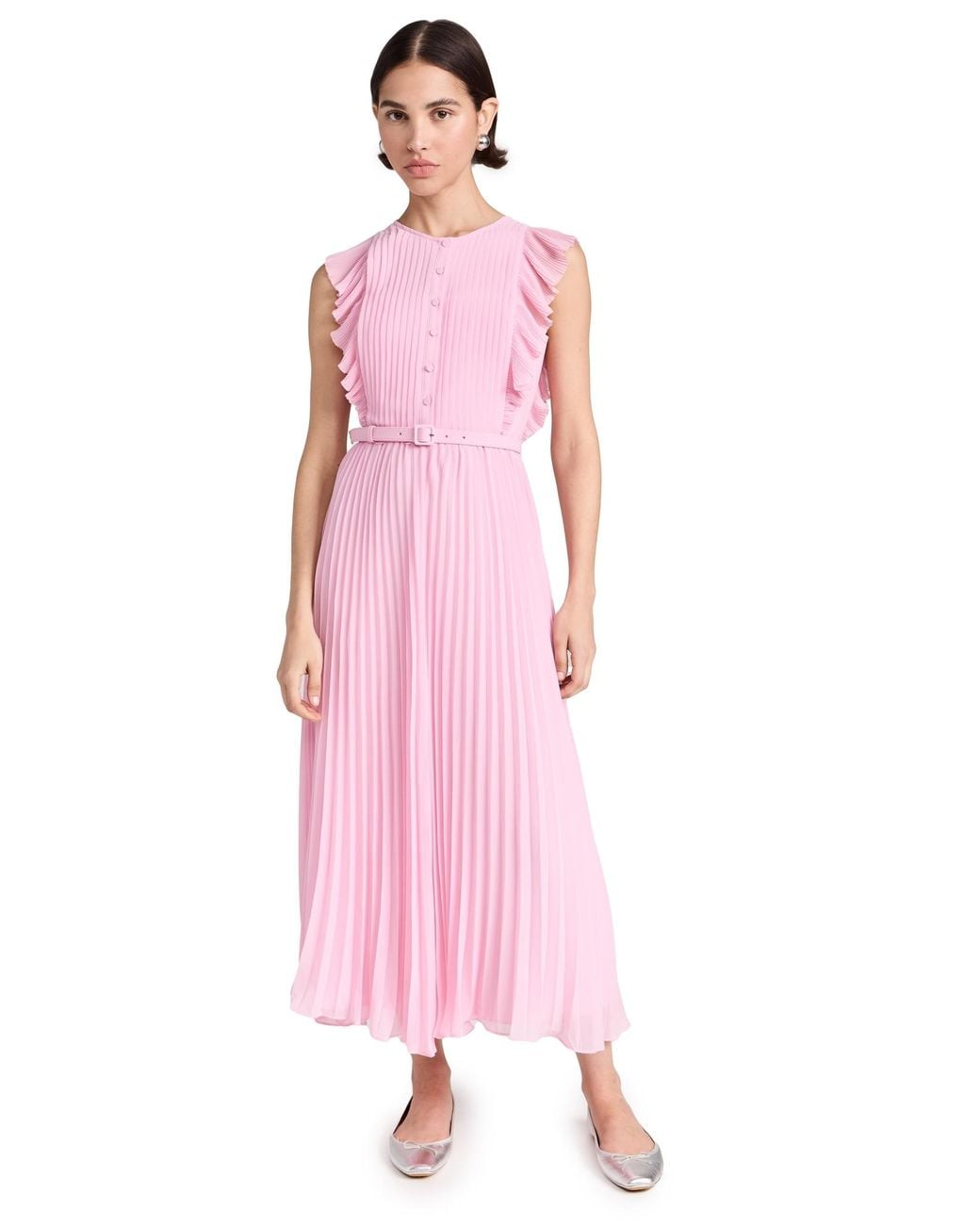 Self-Portrait Chiffon Sleeveless Ruffle Midi Dress in Pink | Lyst