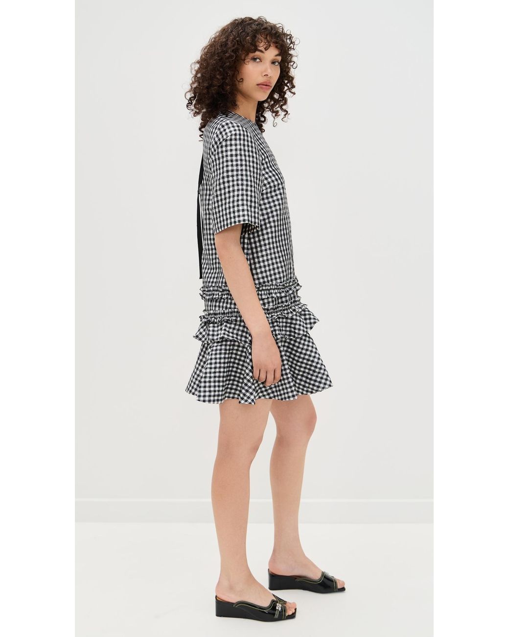 Ganni ■Crinkled Taffeta Check Open Back Mini Dress - Black Ganni Crinkled Taffeta Check Open Back Mini Dress in Black