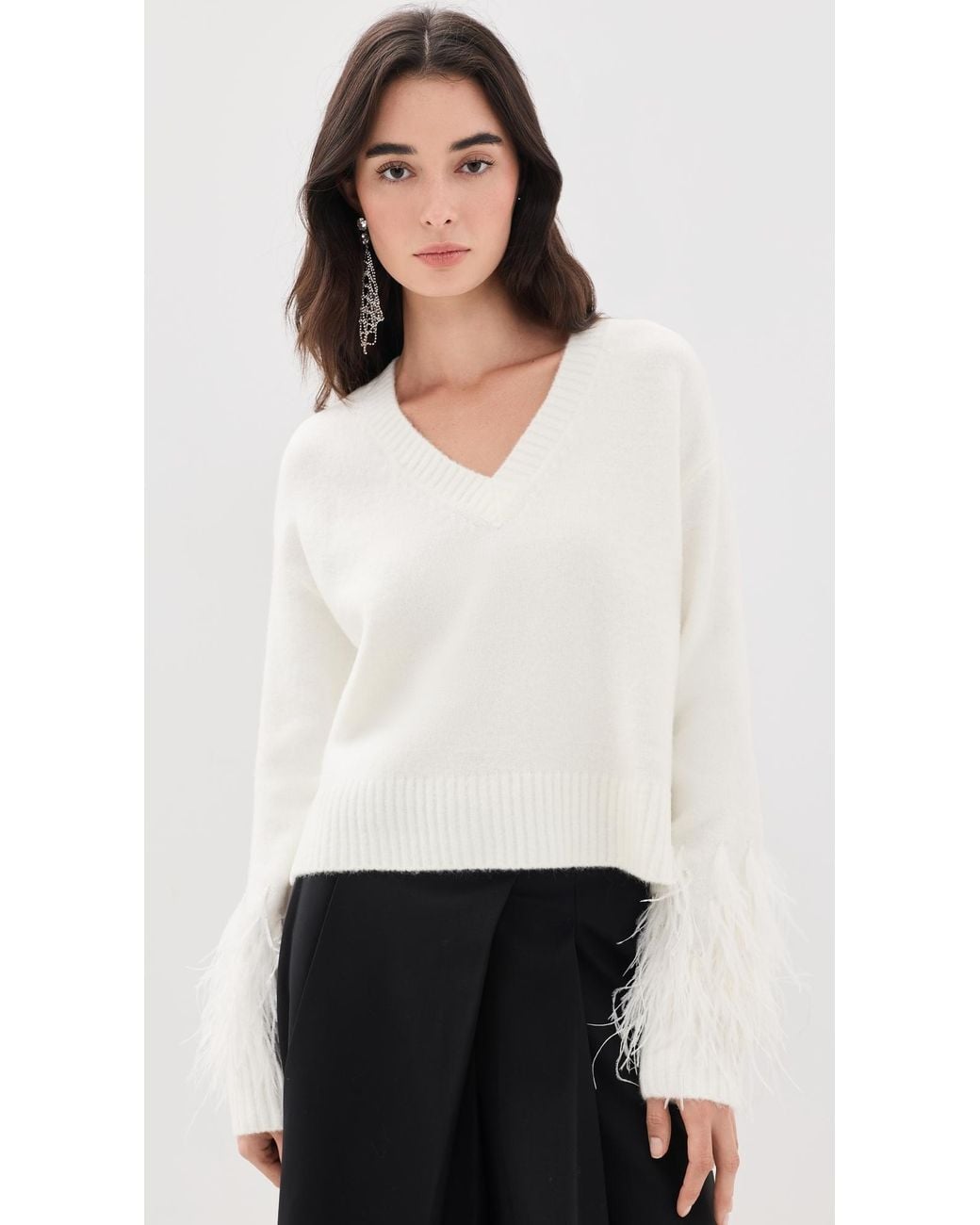 Cinq À Sept White Brianne Feather V Neck Pullover