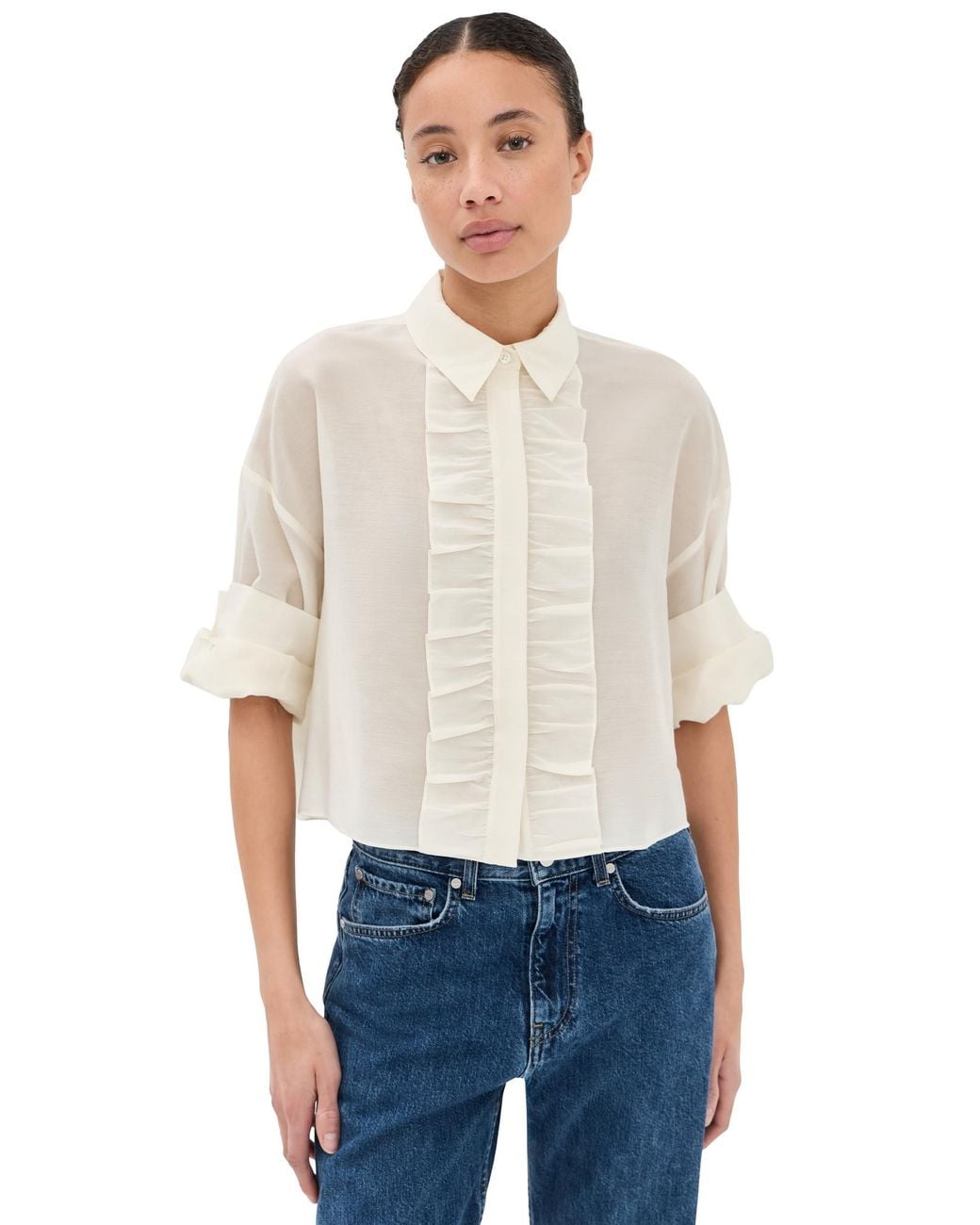 Twp Blue Next Ex Ruffle Button Down Top
