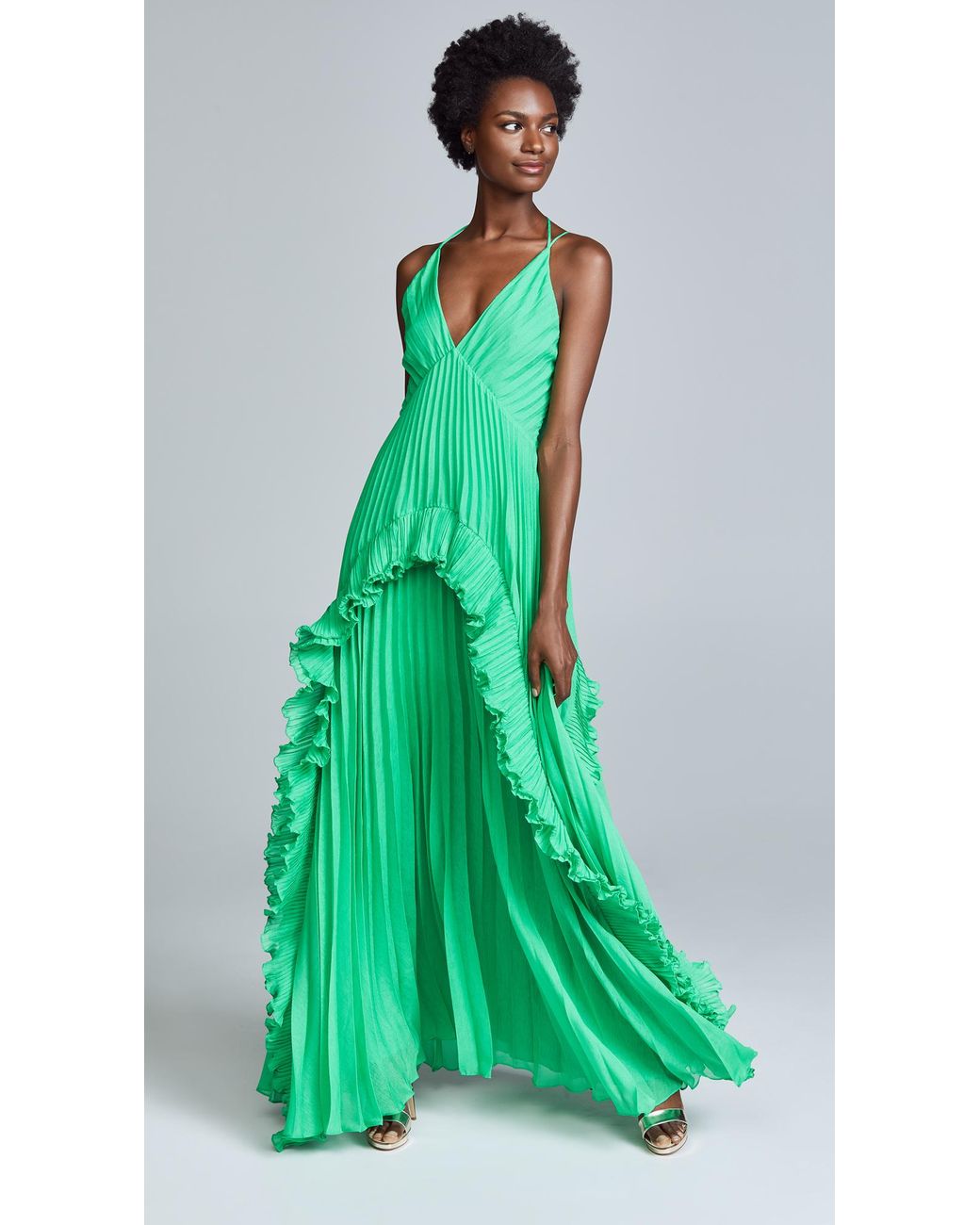 Halston Halter Pleated Gown in Green Lyst Canada