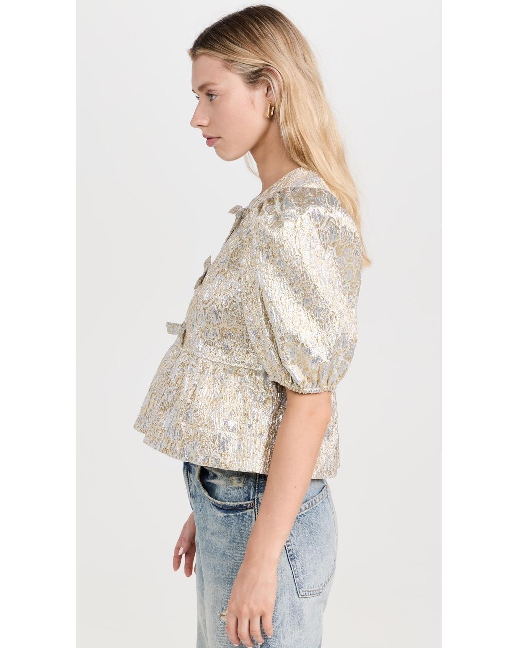 Ganni Metallic Cloque Peplum Blouse | Lyst