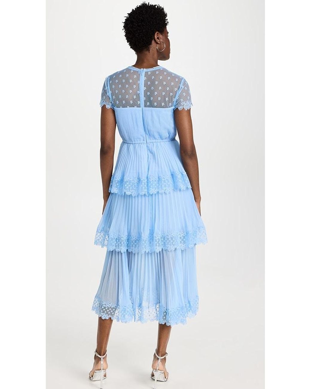 Self-Portrait Blue Chiffon Tiered Midi Dress | Lyst