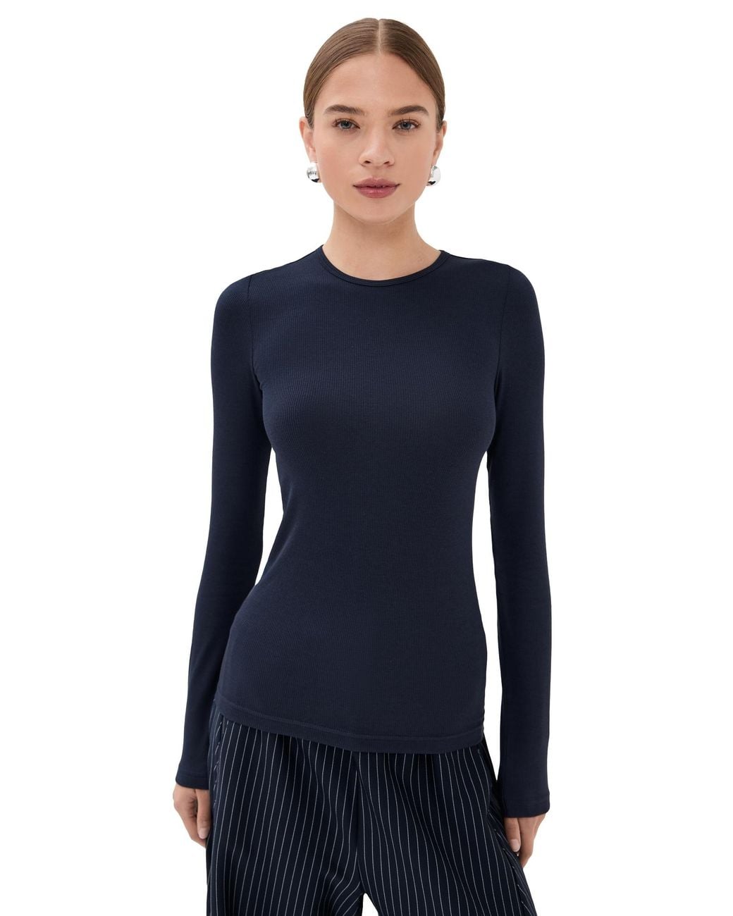 Tibi Blue Circular Ribbed Crew Neck Pullover T-Shirt