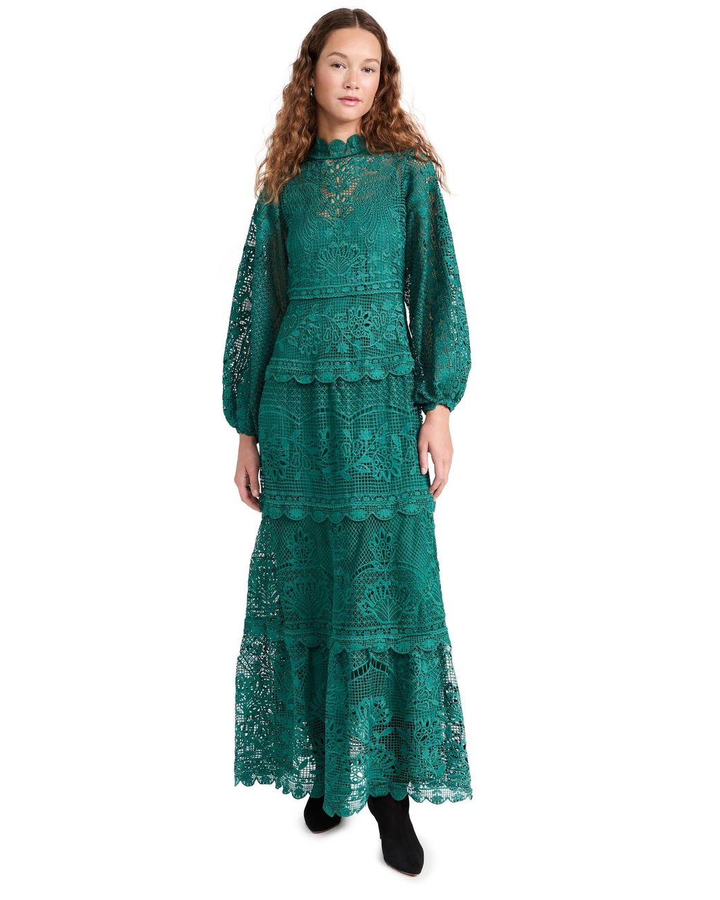 FARM Rio Dark Guipure Long Sleeve Maxi Dress in Green | Lyst