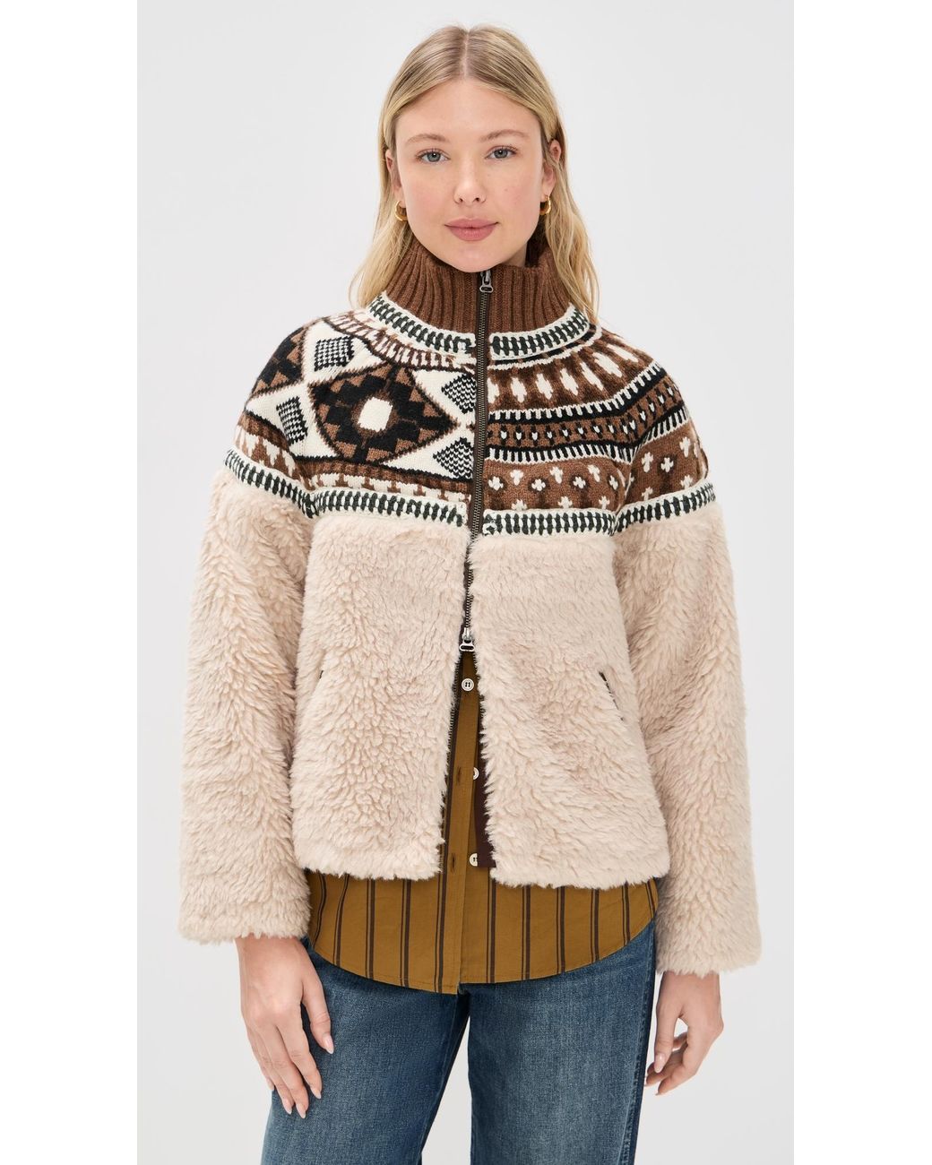 Sea Linea Fair Isle Knit Combo Fleece Jacket in Natural | Lyst
