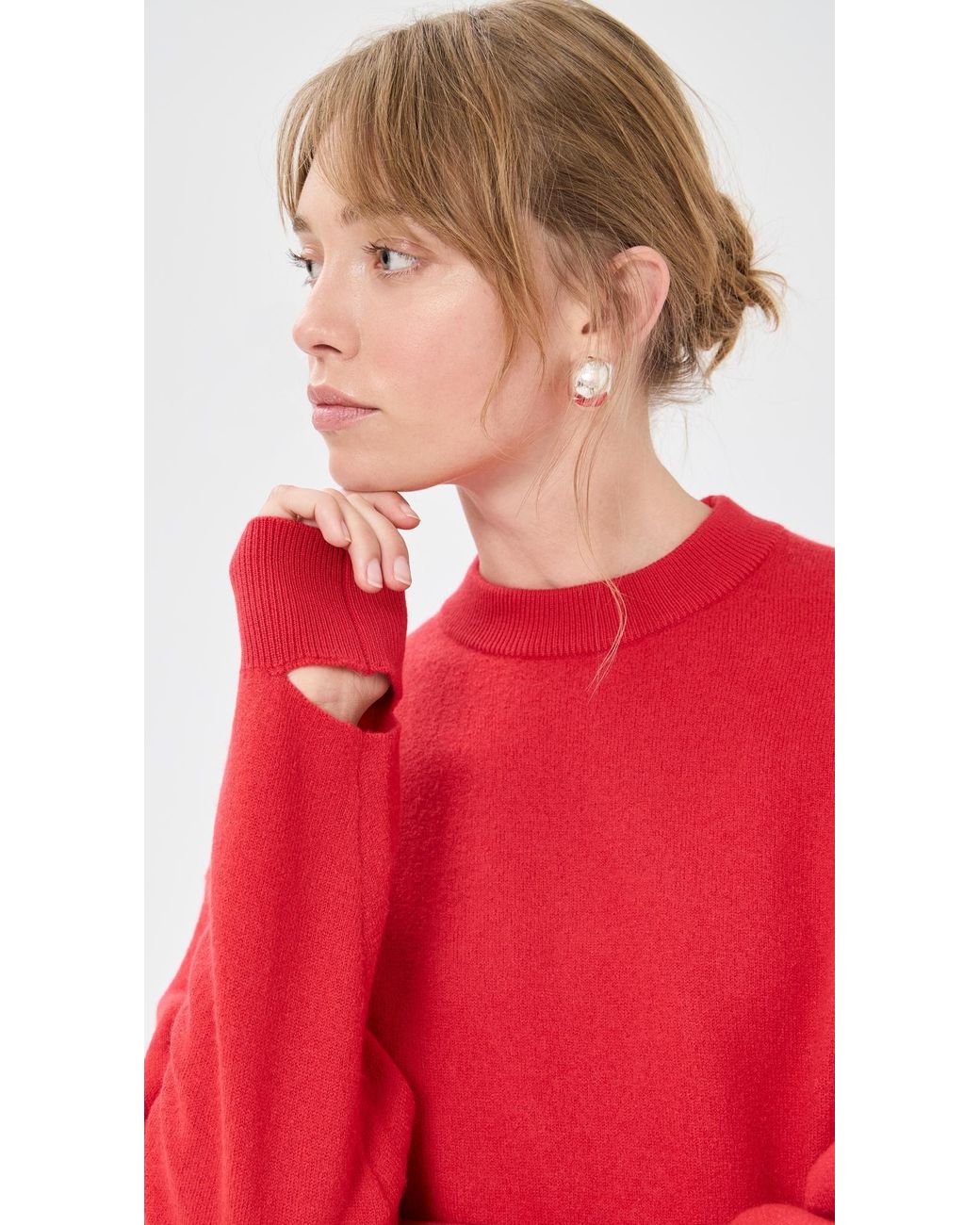 Tibi Red Boiled Wool Crewneck Easy Pullover Sweater