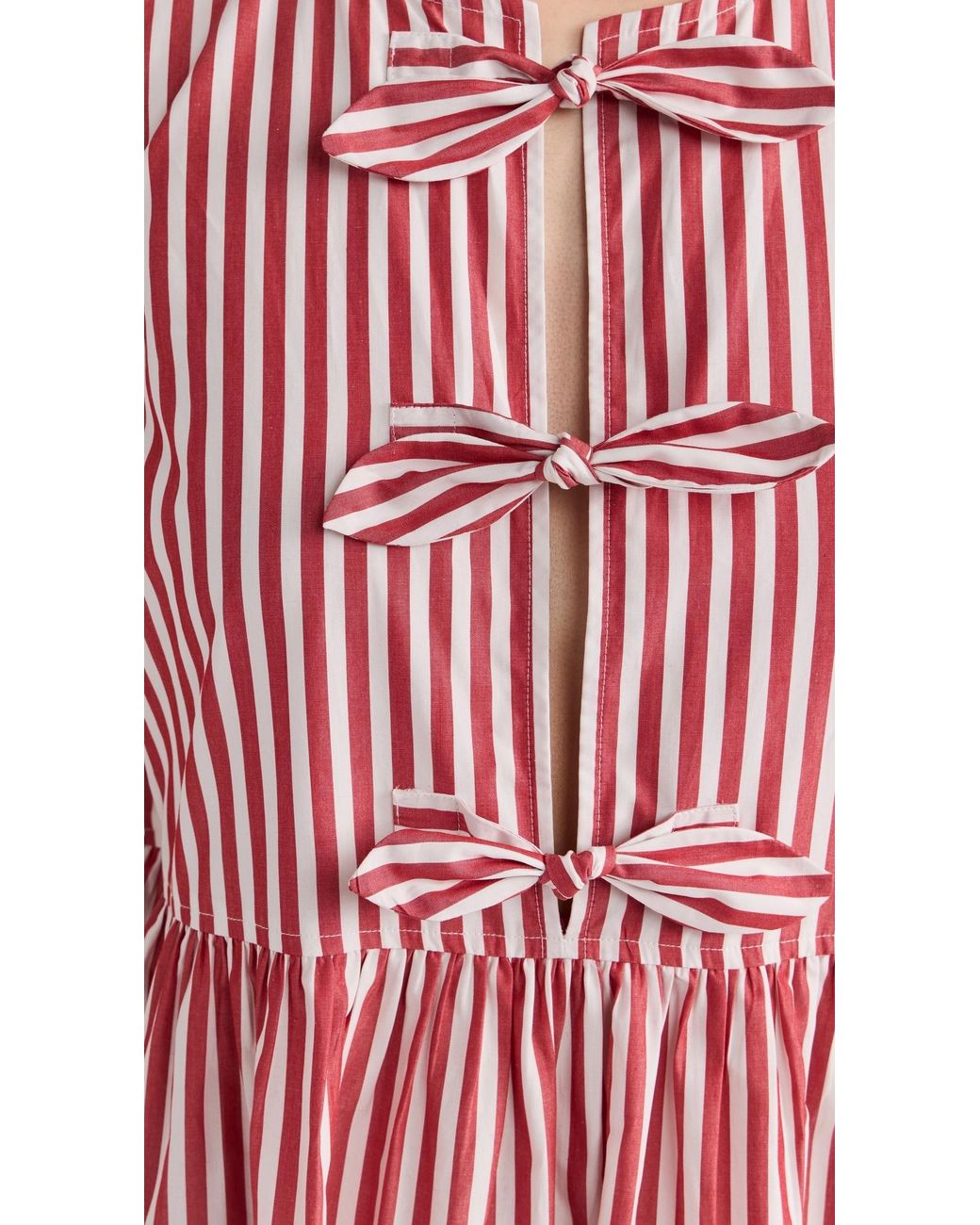 Ganni Stripe Cotton Mini Bow Tie Dress in Red | Lyst