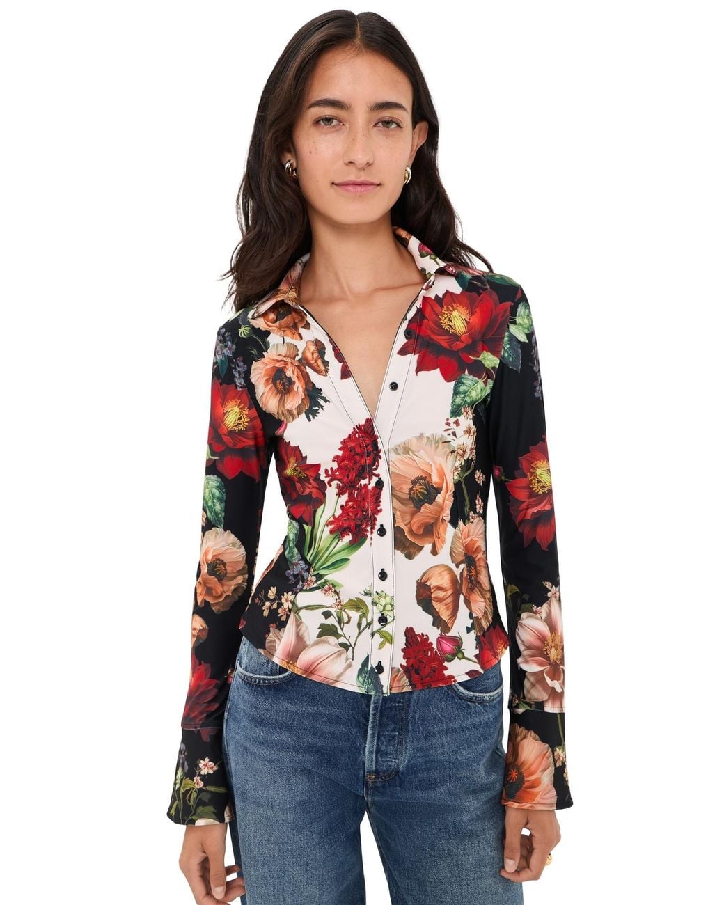 Alice + Olivia Red Freya Fitted Button Down Top