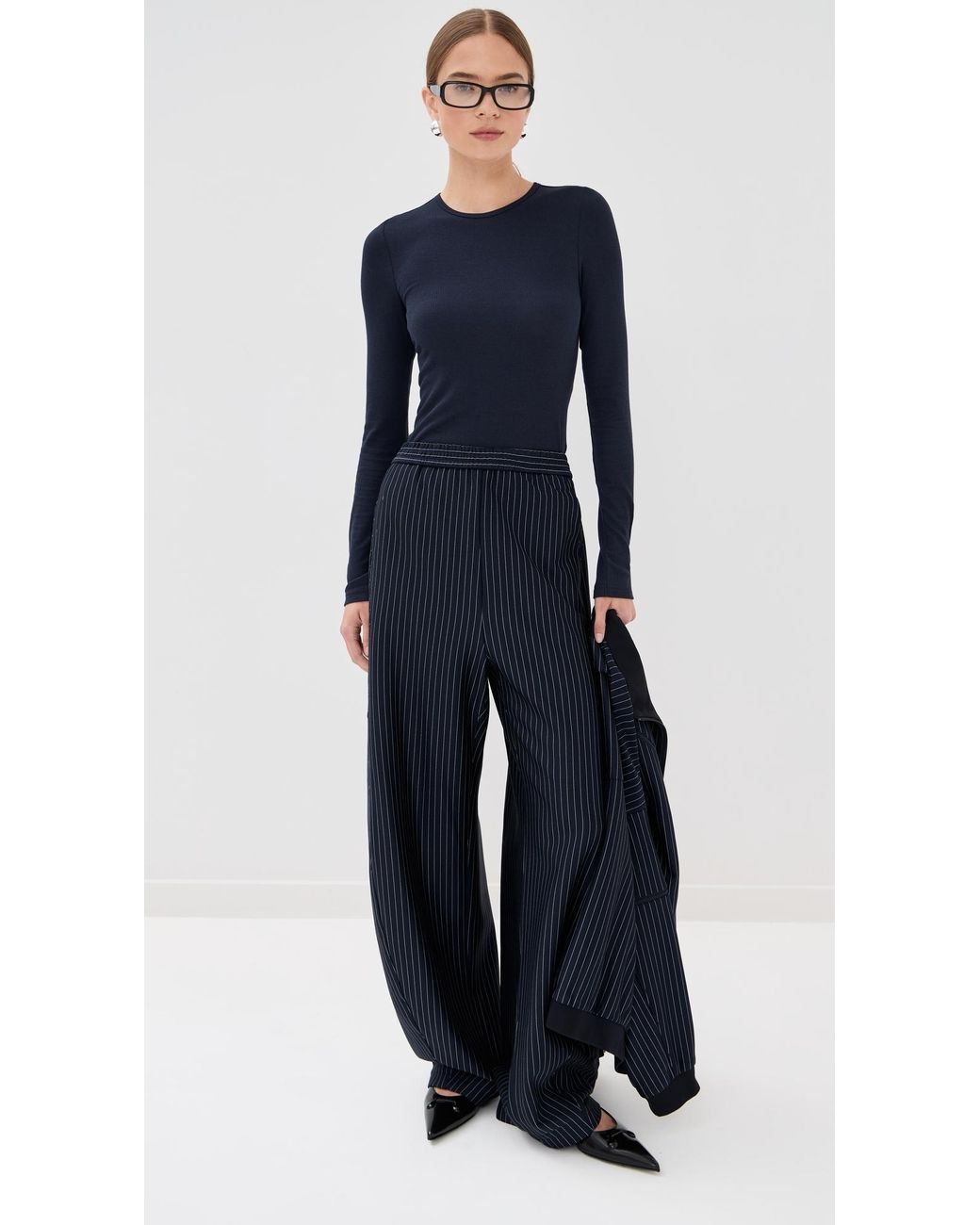Tibi Blue Circular Ribbed Crew Neck Pullover T-Shirt