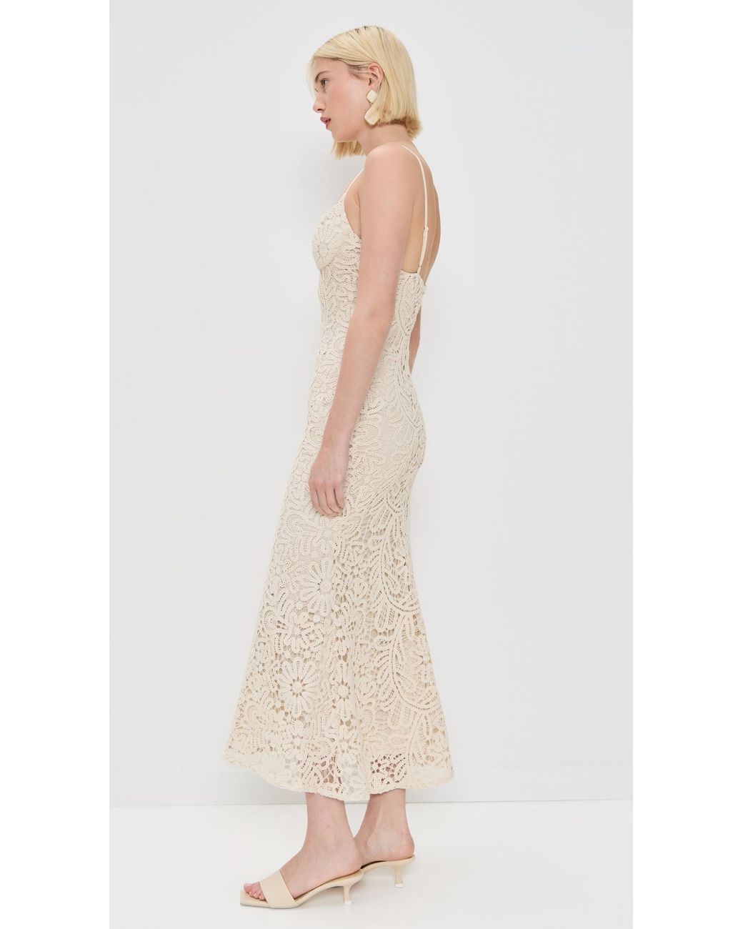 white christmas dresses Yumi Beige Stripe Crochet Knit Bardot Midi Dress main image 1
