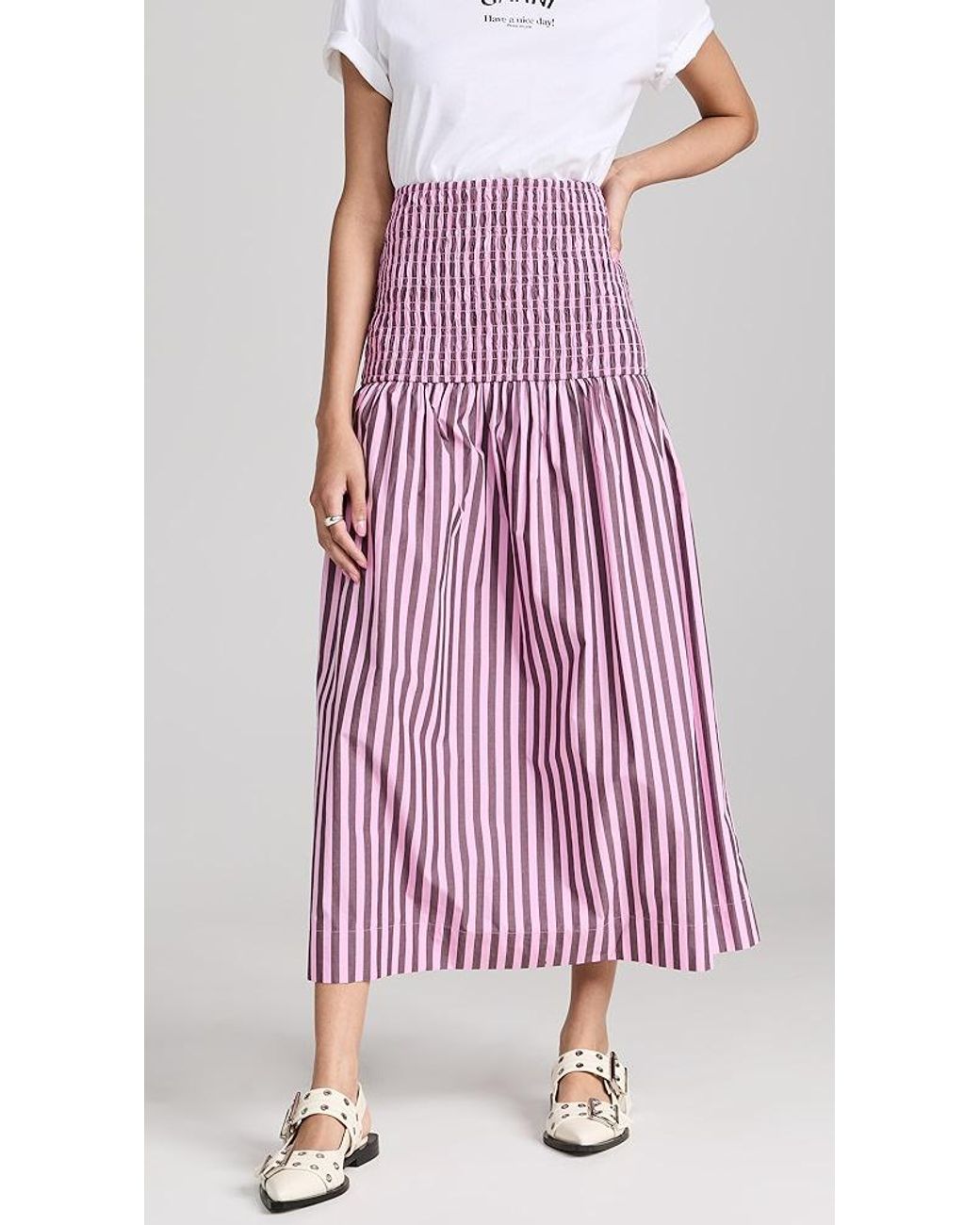 Ganni Striped Cotton Smock Skirt in Pink | Lyst