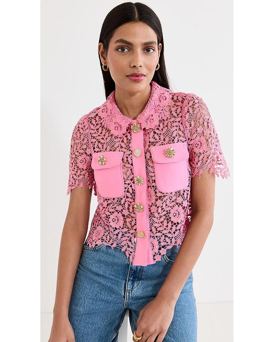 Self-Portrait Pink Rose Lace Top in Red | Lyst