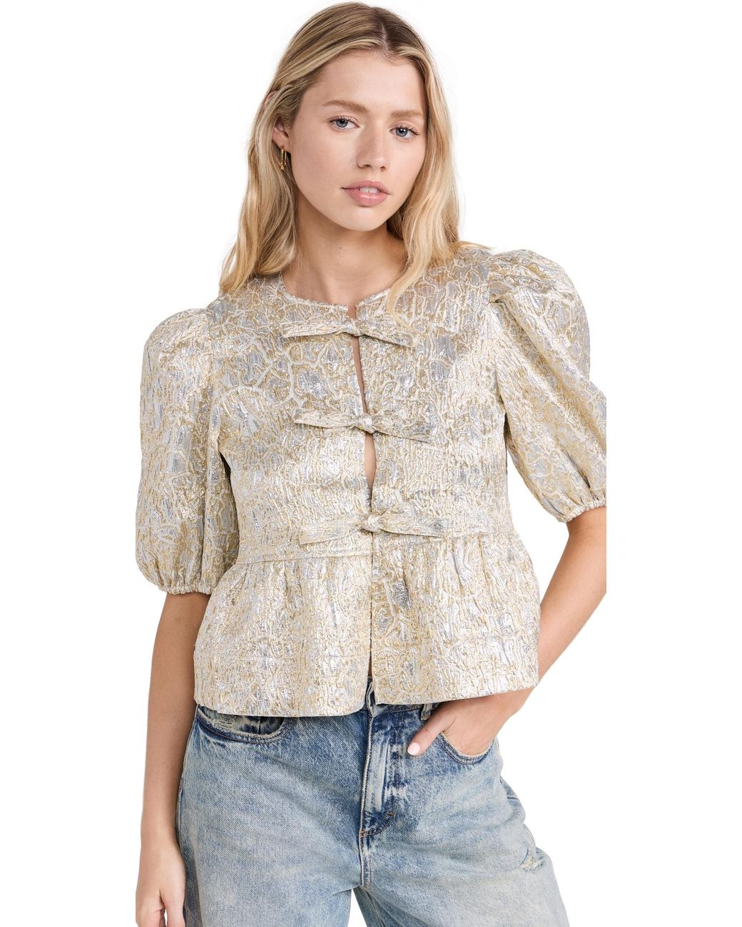 GANNI GOLD AND SILVER PEPLUM ブラウス Ganni Metallic Cloque Peplum Blouse | Lyst