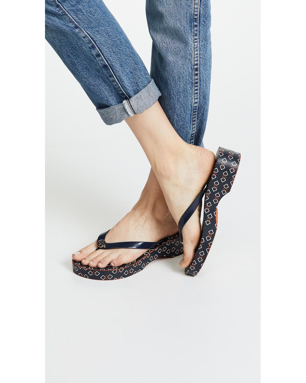 Tory Burch Cutout Wedge Flip Flops in Blue | Lyst