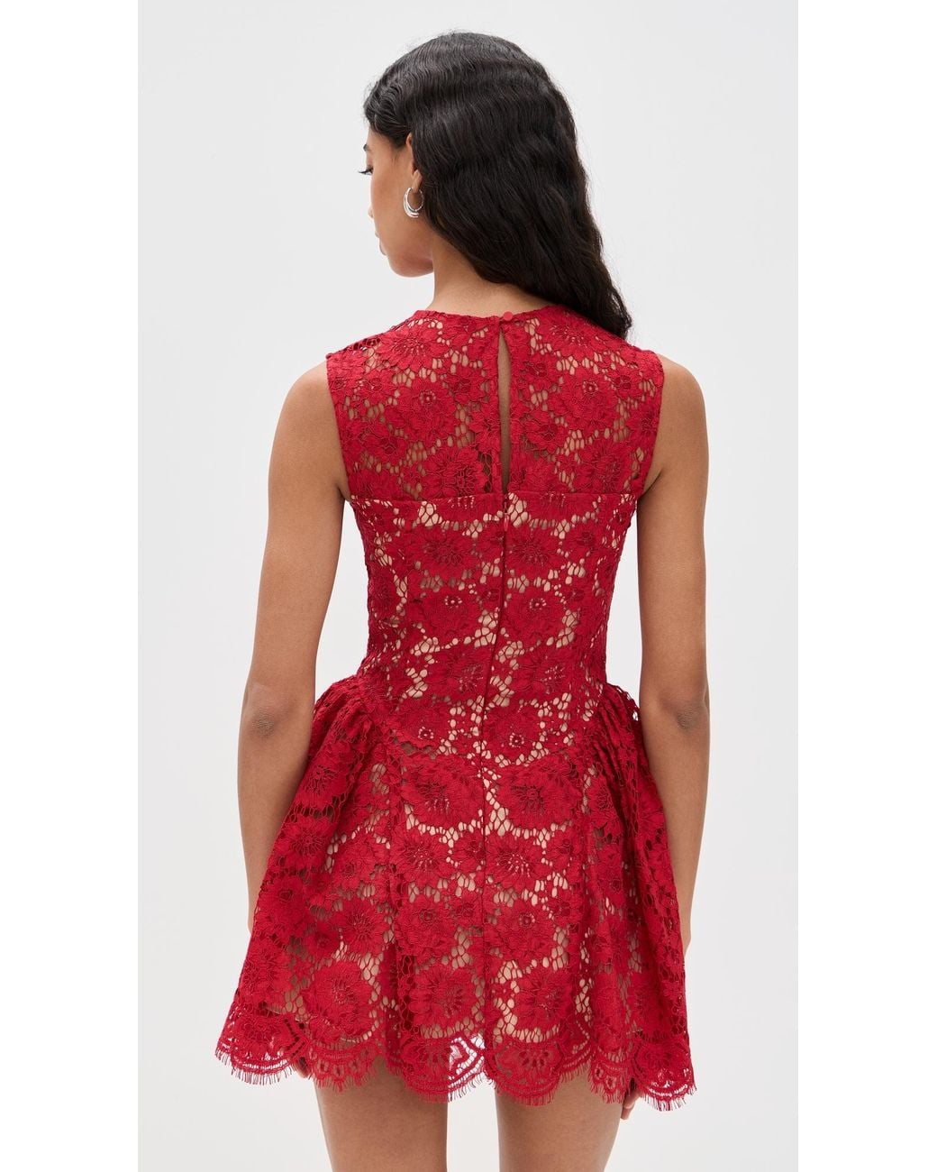 Self-Portrait Fine Lace Pearl Mini Dress in Red | Lyst