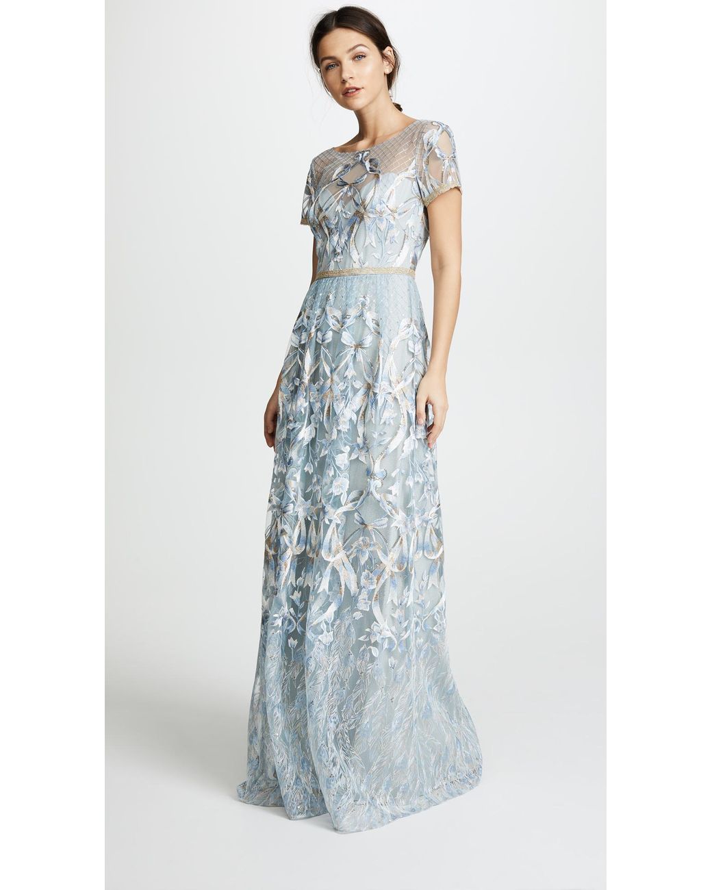 Marchesa notte Embroidered Gown With Metallic Lace Trim in Blue | Lyst