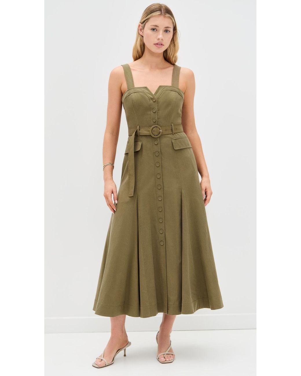 slim fit dress slacks Short Green Dress w/ Light Leather Belt – Perfect Wear main image 1