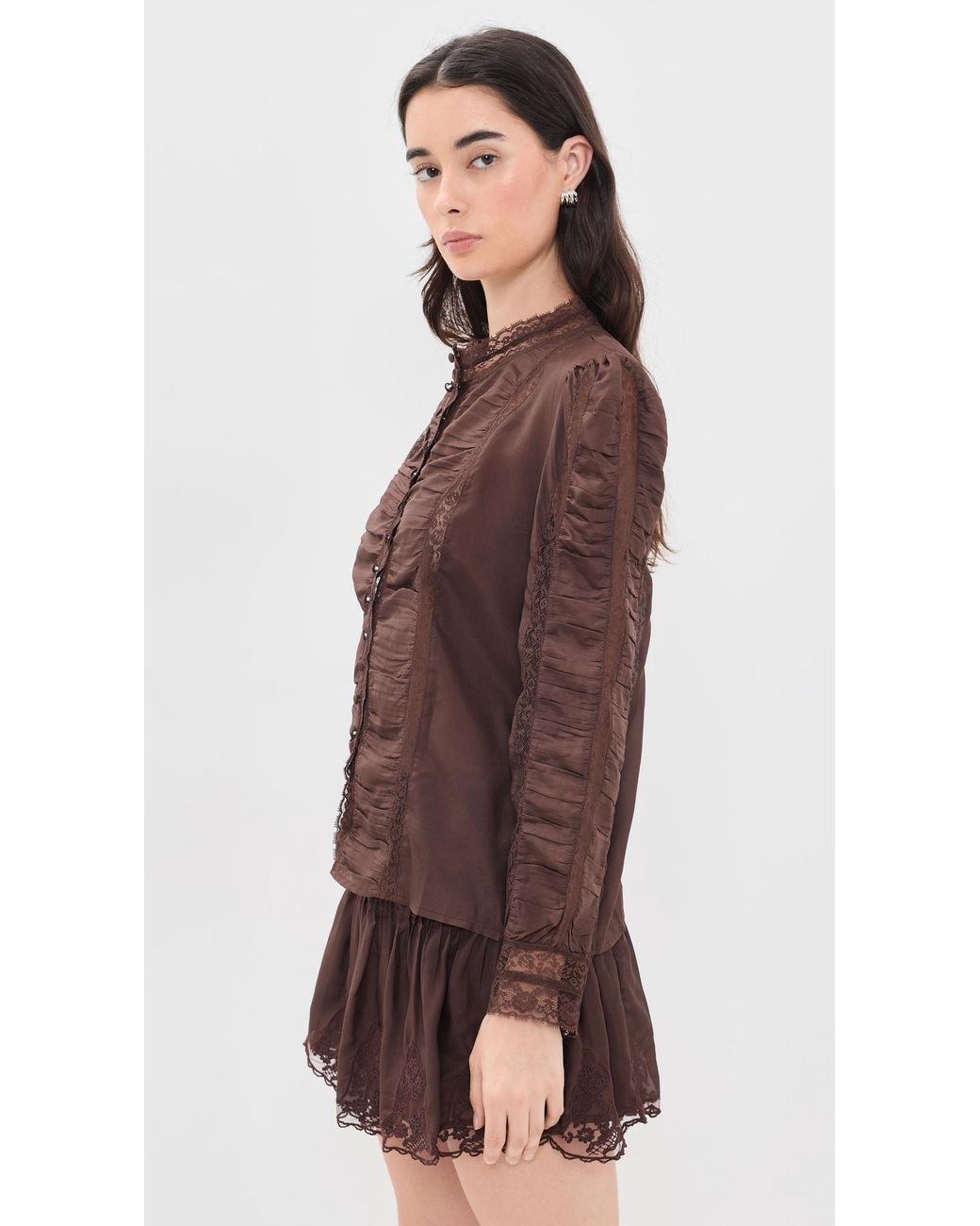 LoveShackFancy Brown Jacque Silk Top