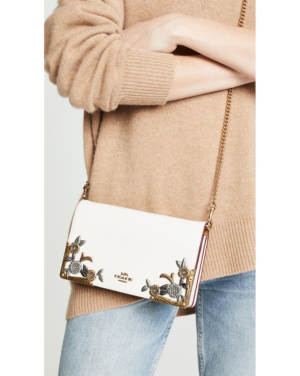 coach callie foldover chain clutch with metal tea rose