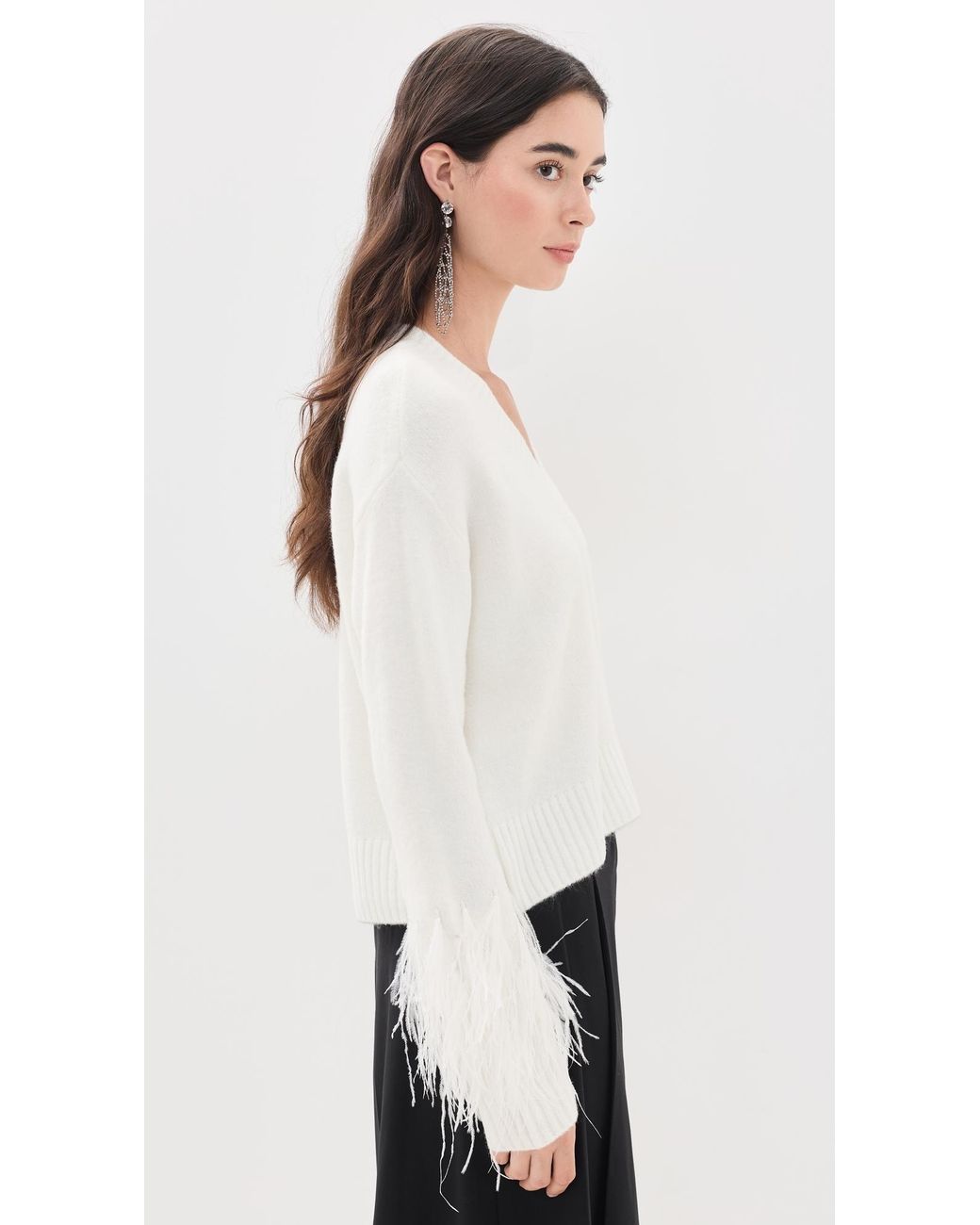 Cinq À Sept White Brianne Feather V Neck Pullover