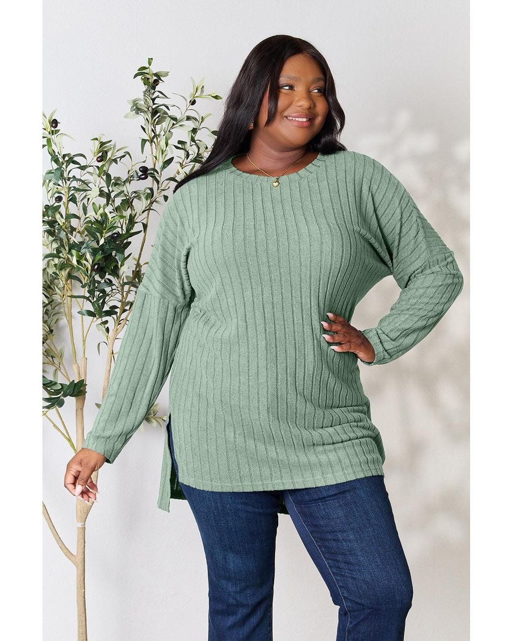 TRUEDAMES Green Basic Bae Full Size Ribbed Round Neck Long Sleeve Slit Top