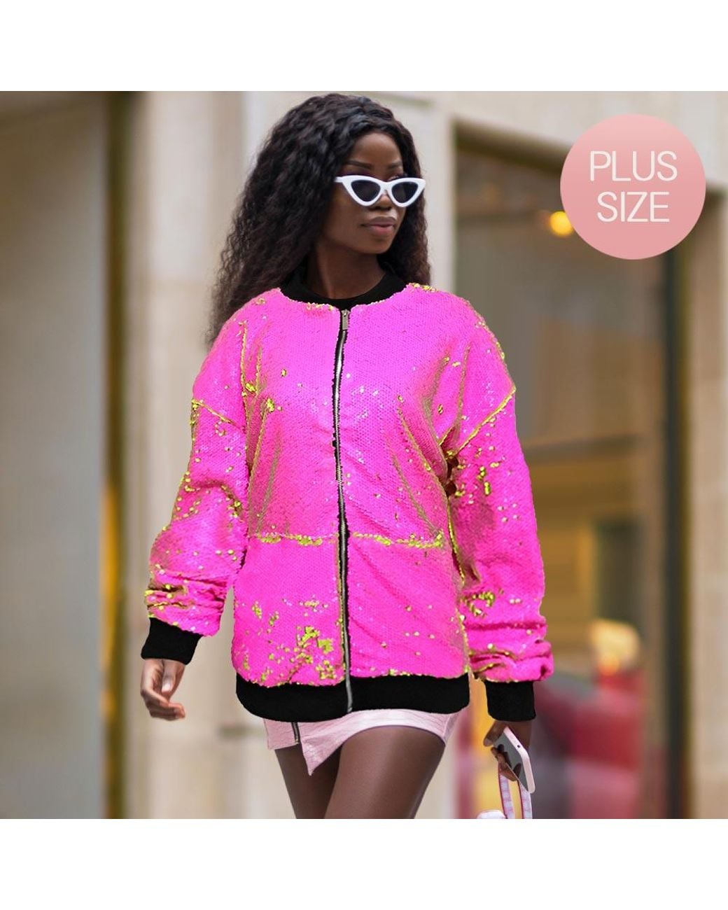 TRUEDAMES Pink Reversible Sequin Zip Up Bomber Jacket