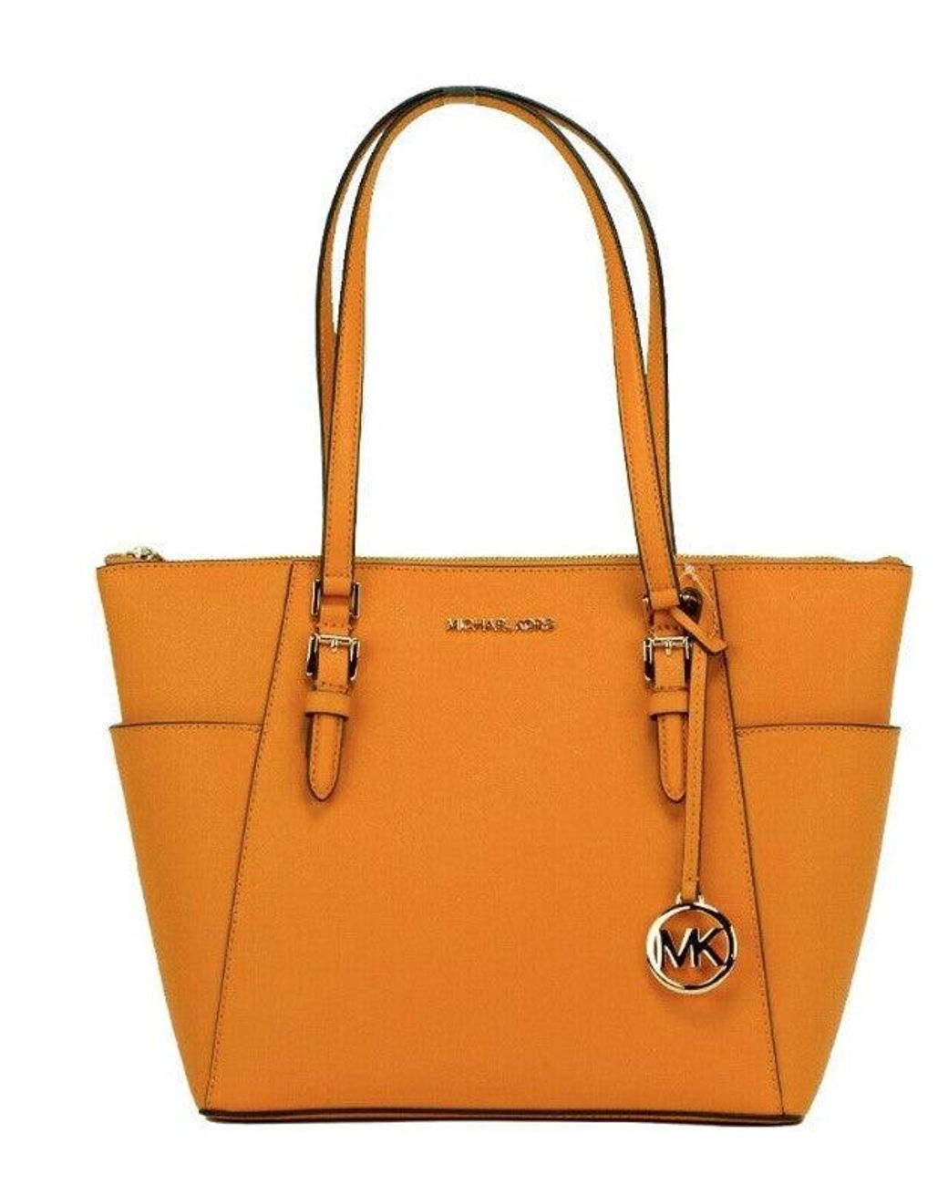 Michael Kors Charlotte Large Honeycomb Leather Top Zip Tote Handbag Purse  in Orange