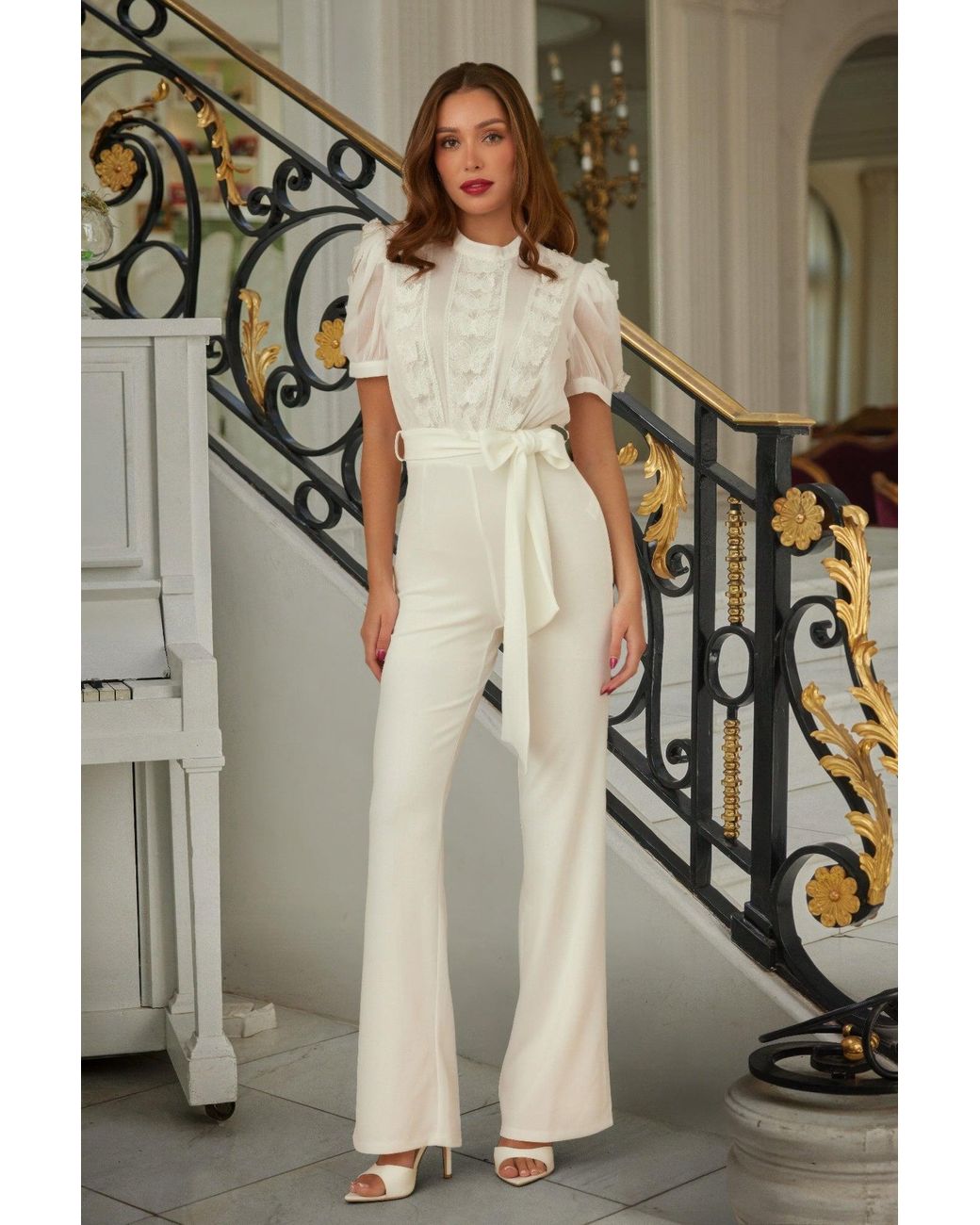 TRUEDAMES Natural Multi Butterfly Sheer Pattern Jumpsuit