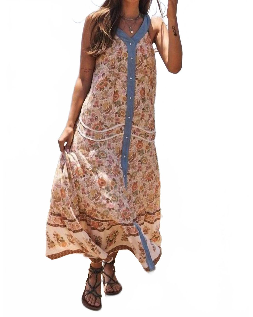 Davi & Dani Floral Border V Neck Maxi Dress -Plus in Brown | Lyst