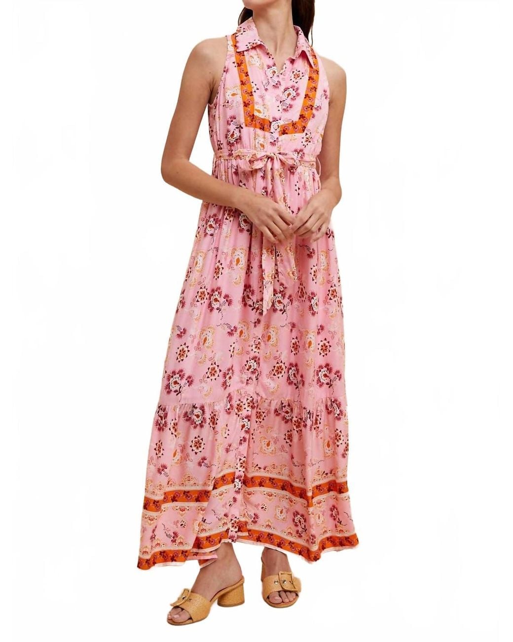 In-Loom Border Print Collared Button Down Maxi Dress