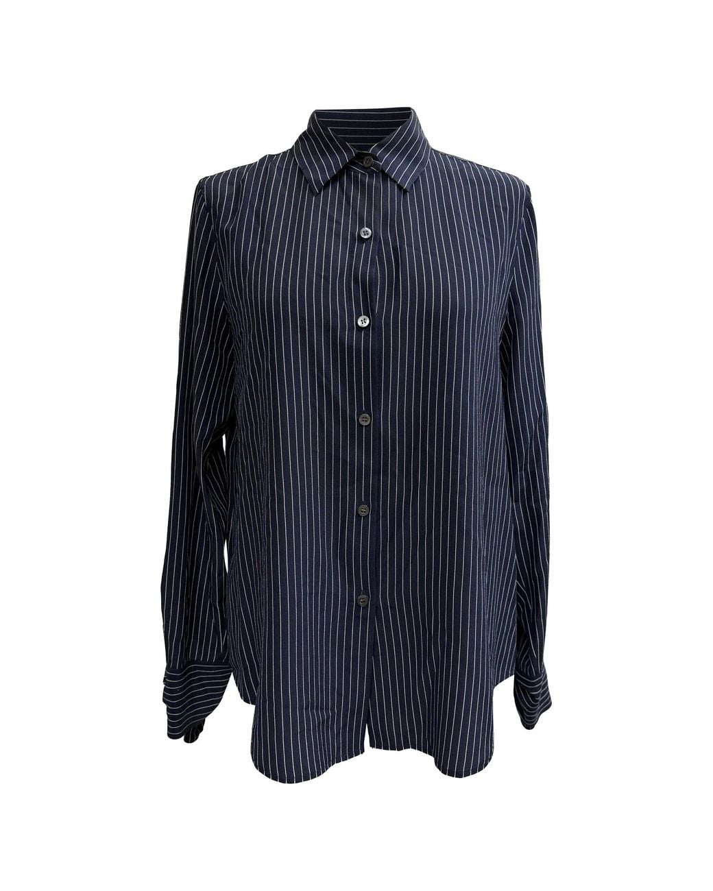 Theory Blue Tie Cuff Striped Blouse