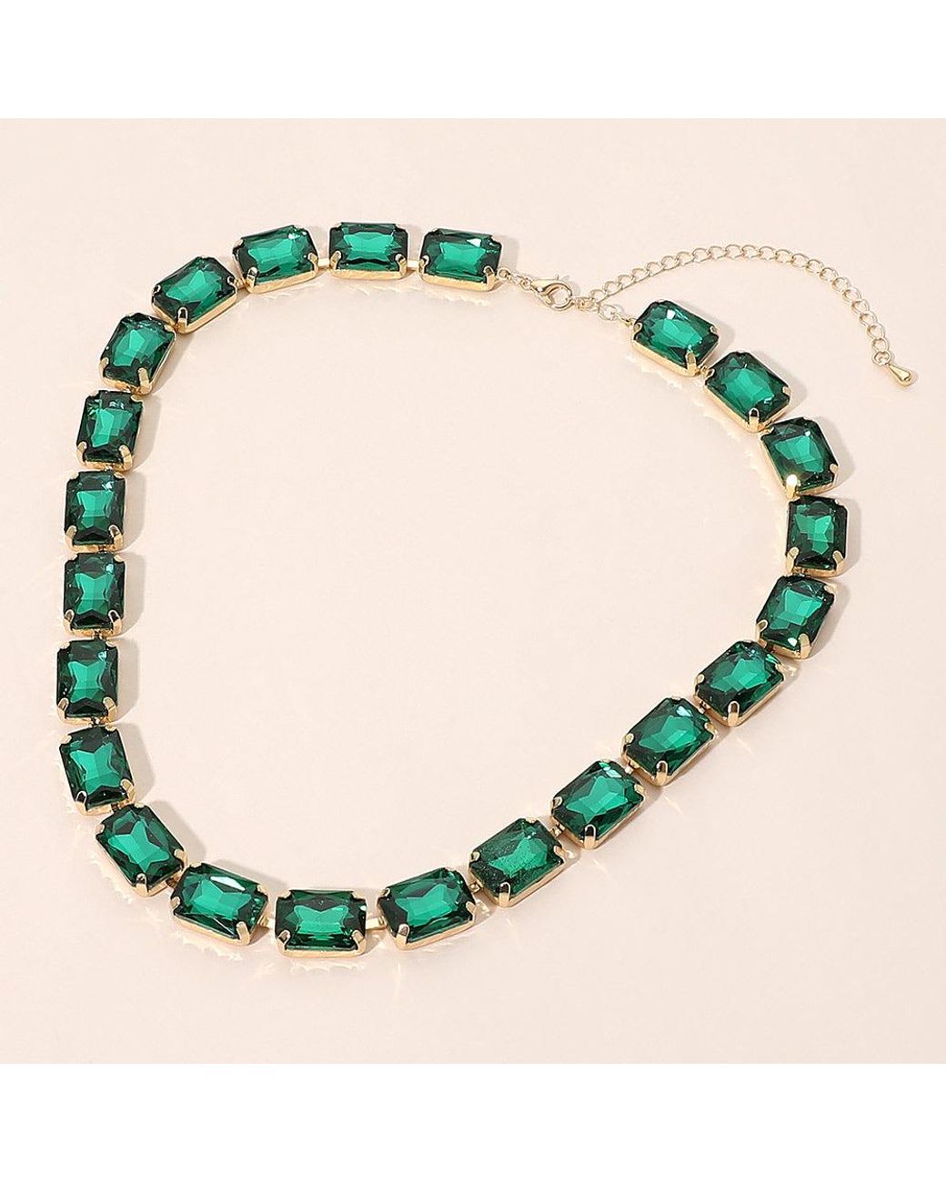 Fashnzfab Green Rectangular Gem Cluster Link Evening Necklace