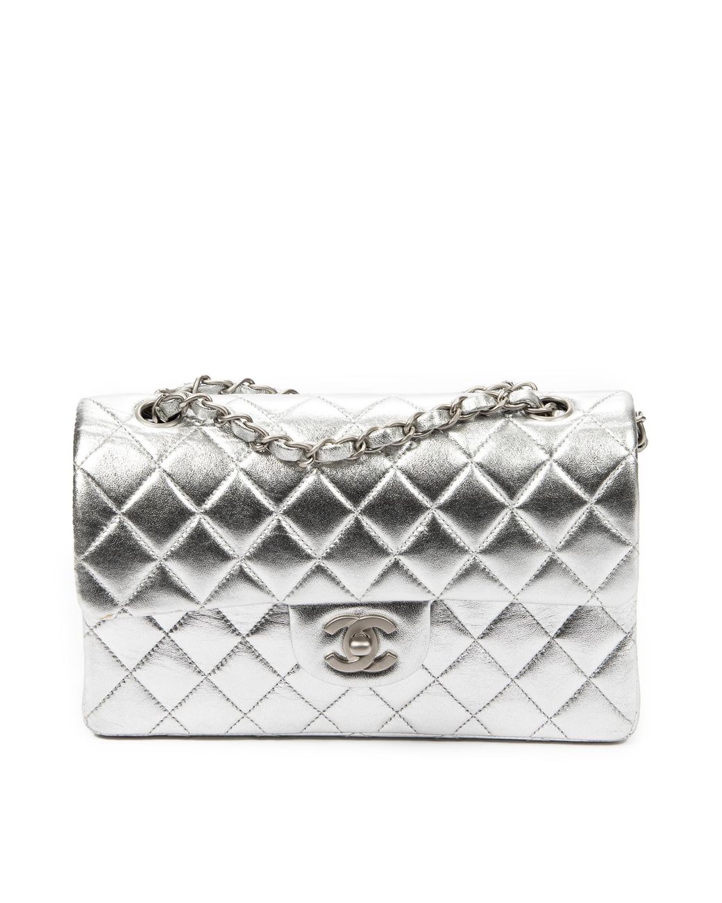 Chanel Medium Classic Double Flap Bag Silver Metallic Lambskin Silver  Hardware